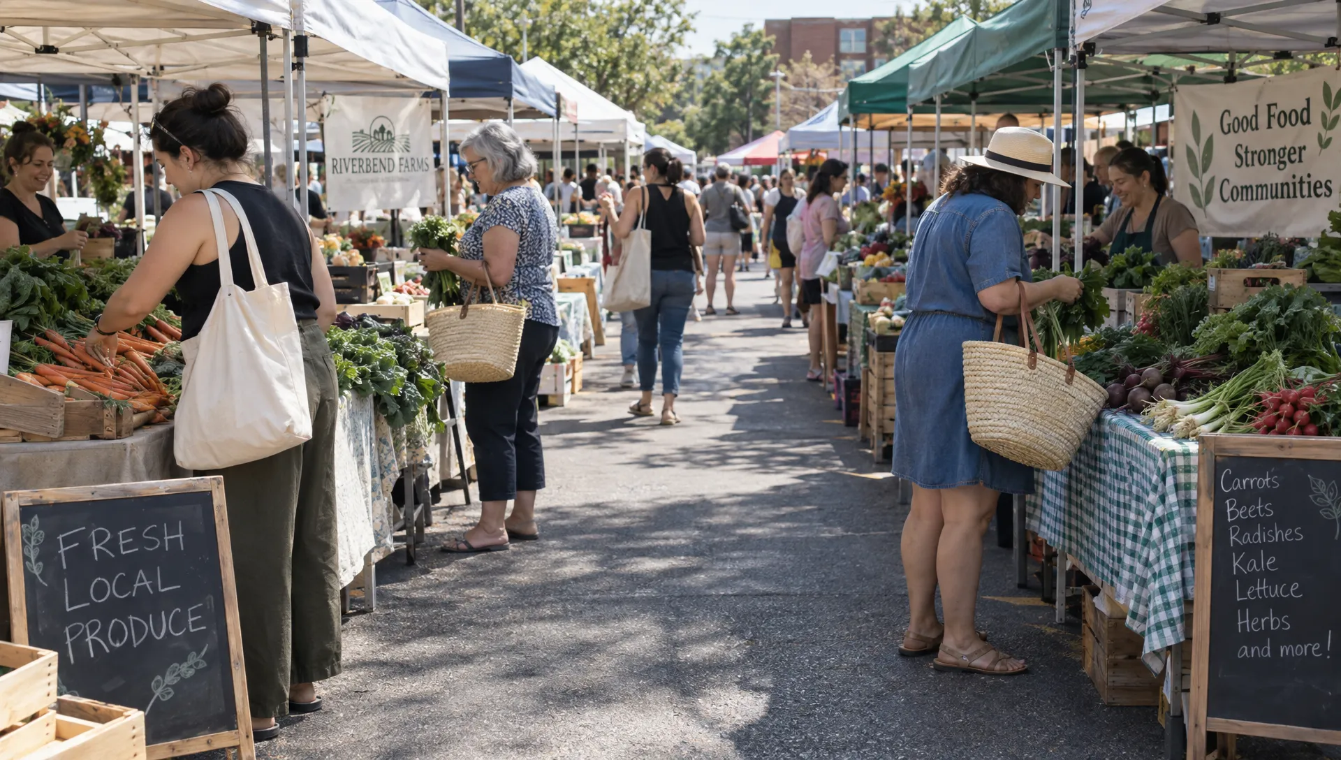 Women of different ages choose vegetables at a farmers market, an everyday setting for nourishing the body through adulthood.