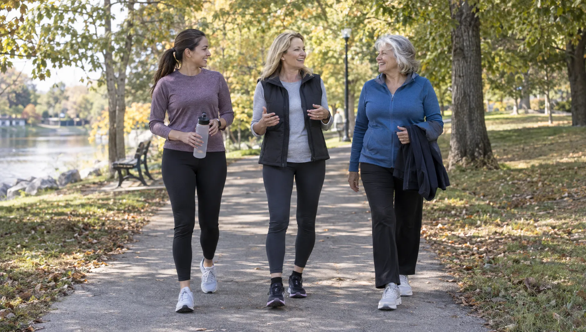 Women in early adulthood, midlife, and older age walk together in a park, illustrating how body fat percentage women experience can change across adulthood.