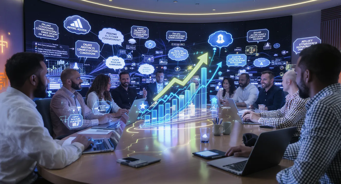 A diverse group of online entrepreneurs sit around a virtual conference table shown on laptop screens, animatedly exchanging ideas and charts that represent affiliate commissions rising.