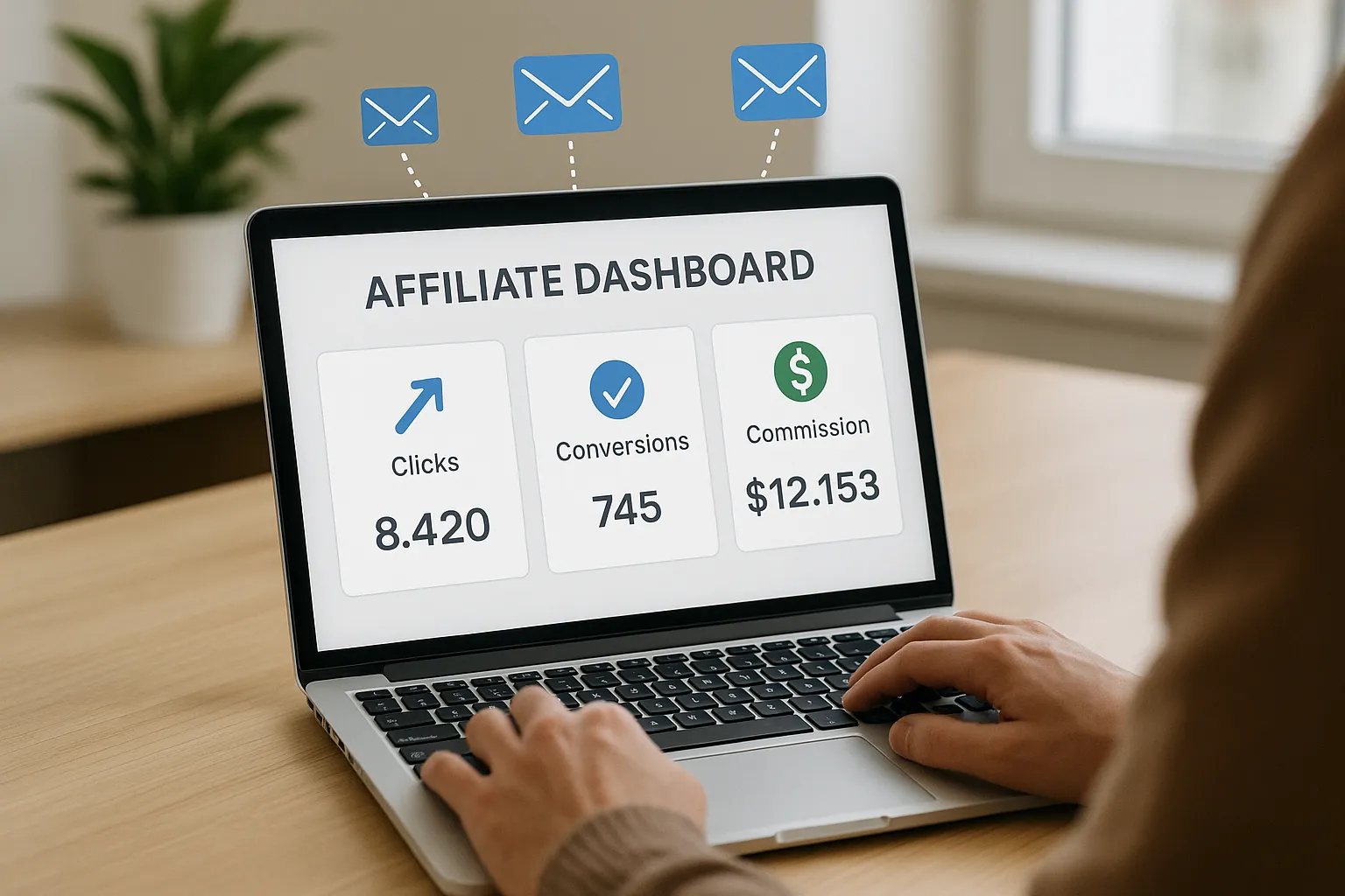 Illustration of a simple dashboard displaying affiliate clicks, conversions, and commission totals, with automated email icons showing reports being sent to managers.