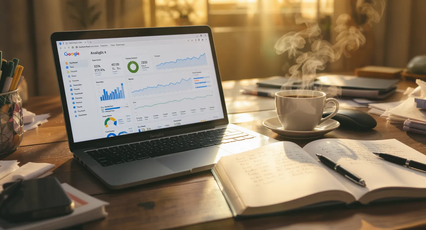 A laptop showing Google Analytics 4 dashboards sits beside a notebook with handwritten keyword clusters, while a cup of coffee steams gently in the morning light on a wooden desk.