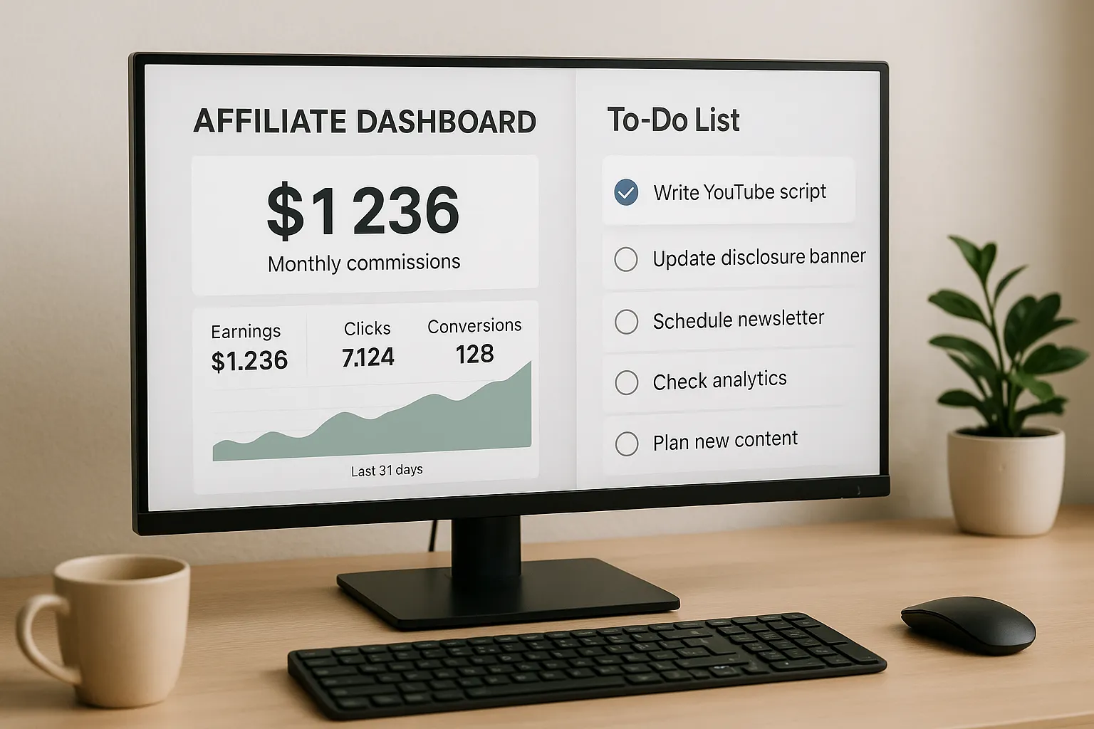 A side-by-side desktop display shows an affiliate dashboard with $1 236 in monthly commissions next to a to-do list app highlighting tasks like