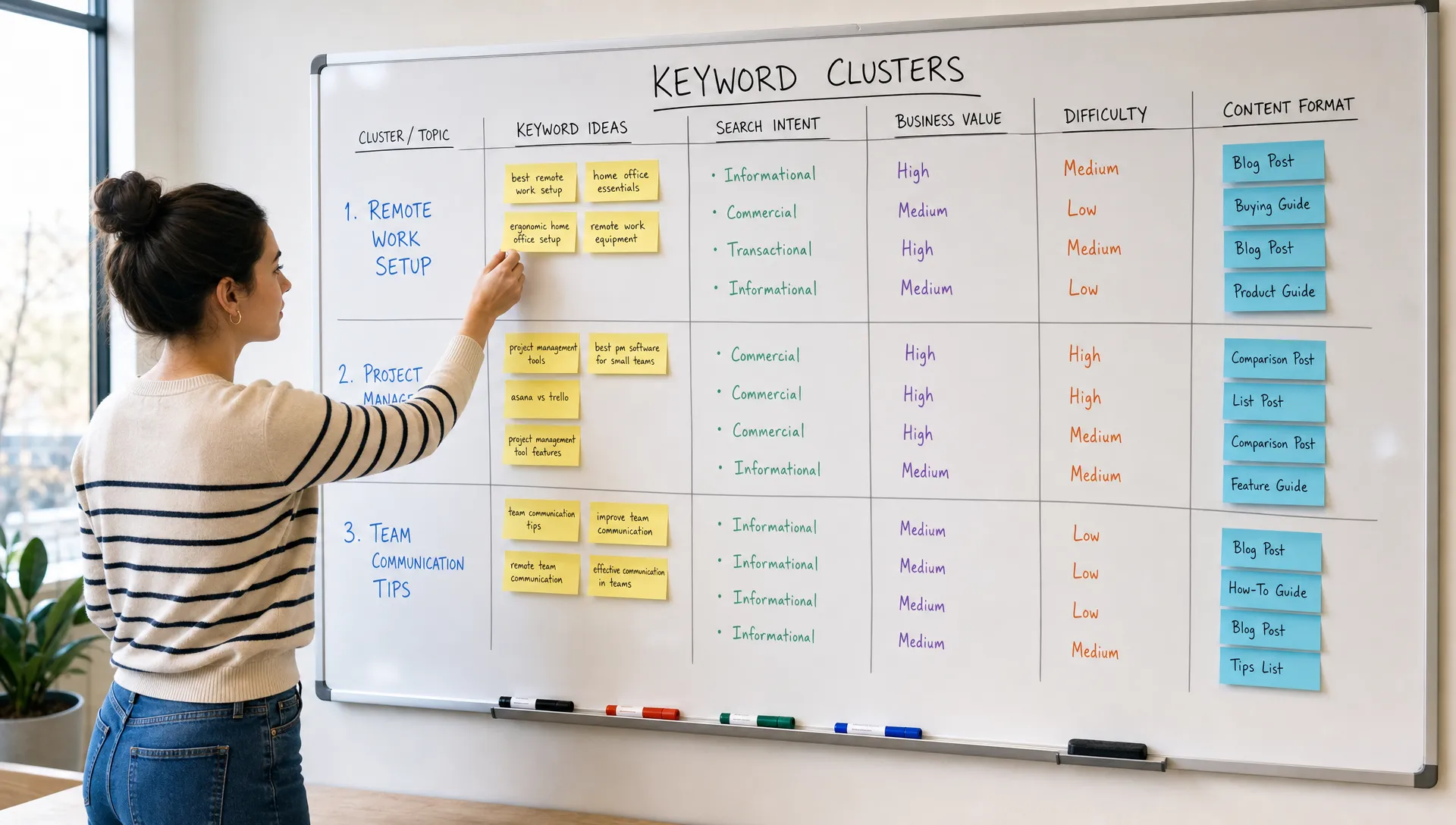 A marketer organizing keyword ideas into topic clusters on a whiteboard, with columns for search intent, business value, difficulty, and content format, in a bright meeting room with sticky notes and a marker tray below.