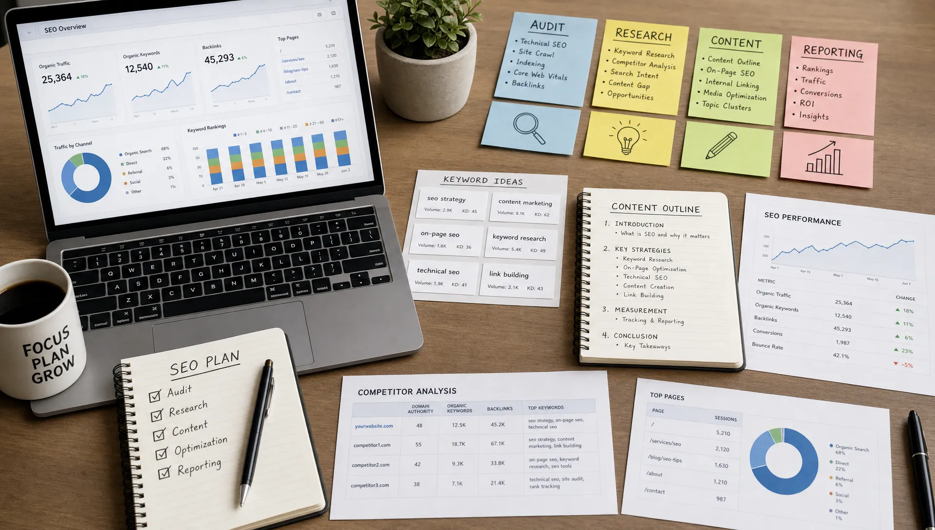 An angled desk scene with SEO planning materials spread across a table, including notebooks, keyword cards, analytics printouts, content outlines, and sticky notes grouped by audit, research, content, and reporting tasks.