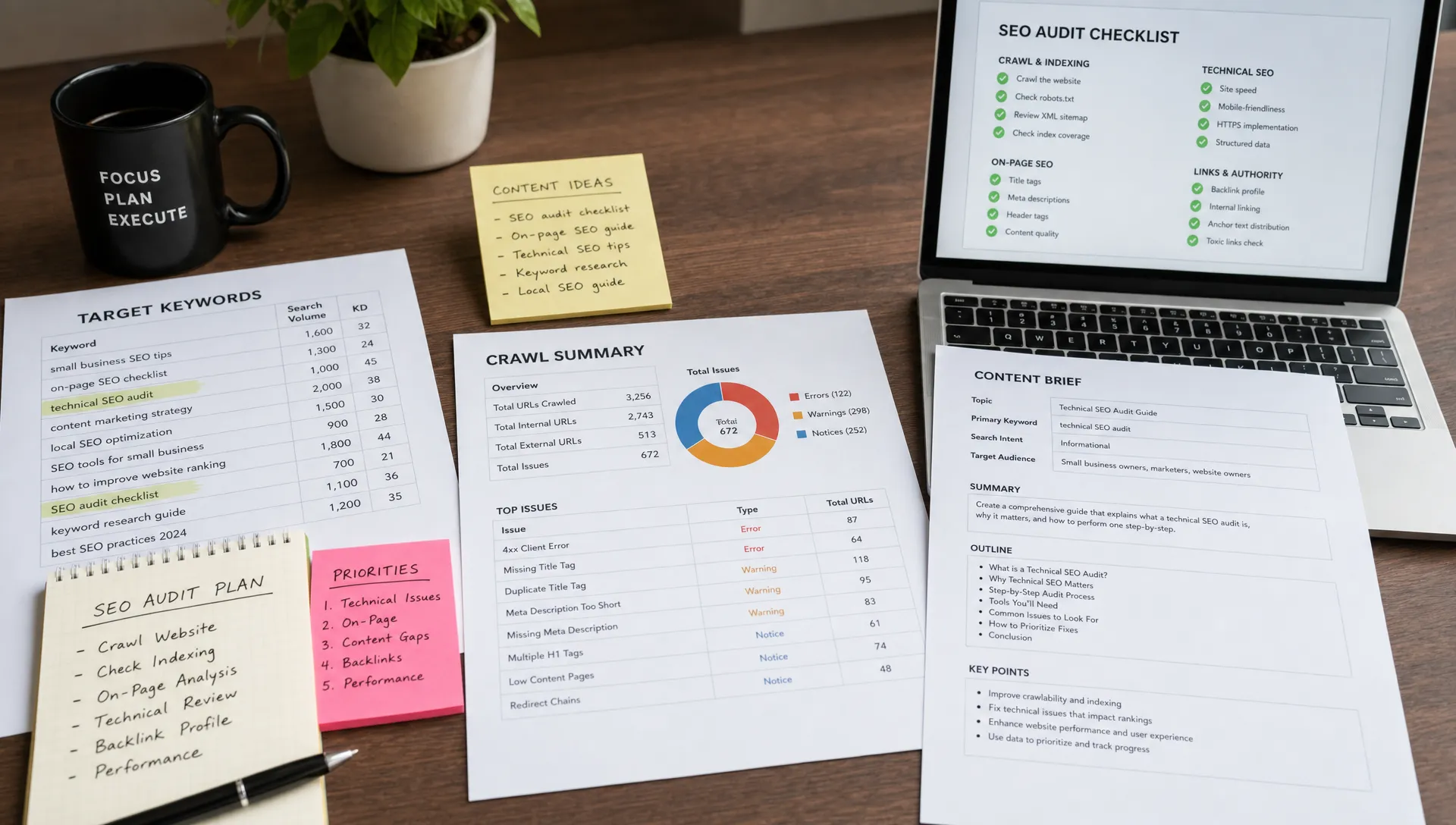 A close-up indoor desk scene with printed keyword notes, a technical crawl summary, and a content brief spread beside a laptop showing a simple audit checklist, arranged for a small marketing team.