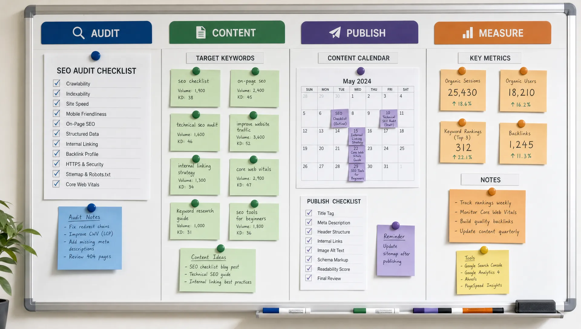 An organized SEO workflow board with a checklist, keyword cards, technical audit notes, a calendar, and tabs sorted into audit, content, publish, and measure categories.