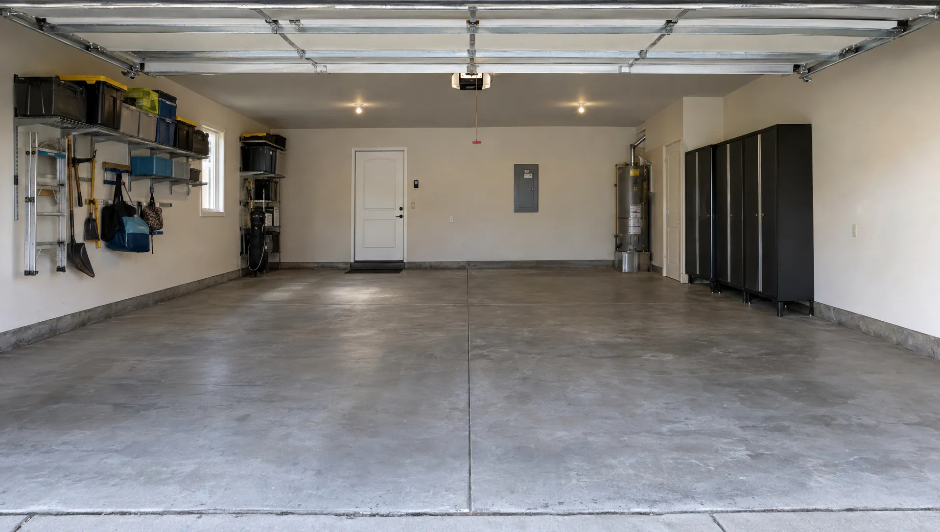 A cleared residential garage with an exposed concrete floor is ready for the crew to prepare before epoxy coating installation.