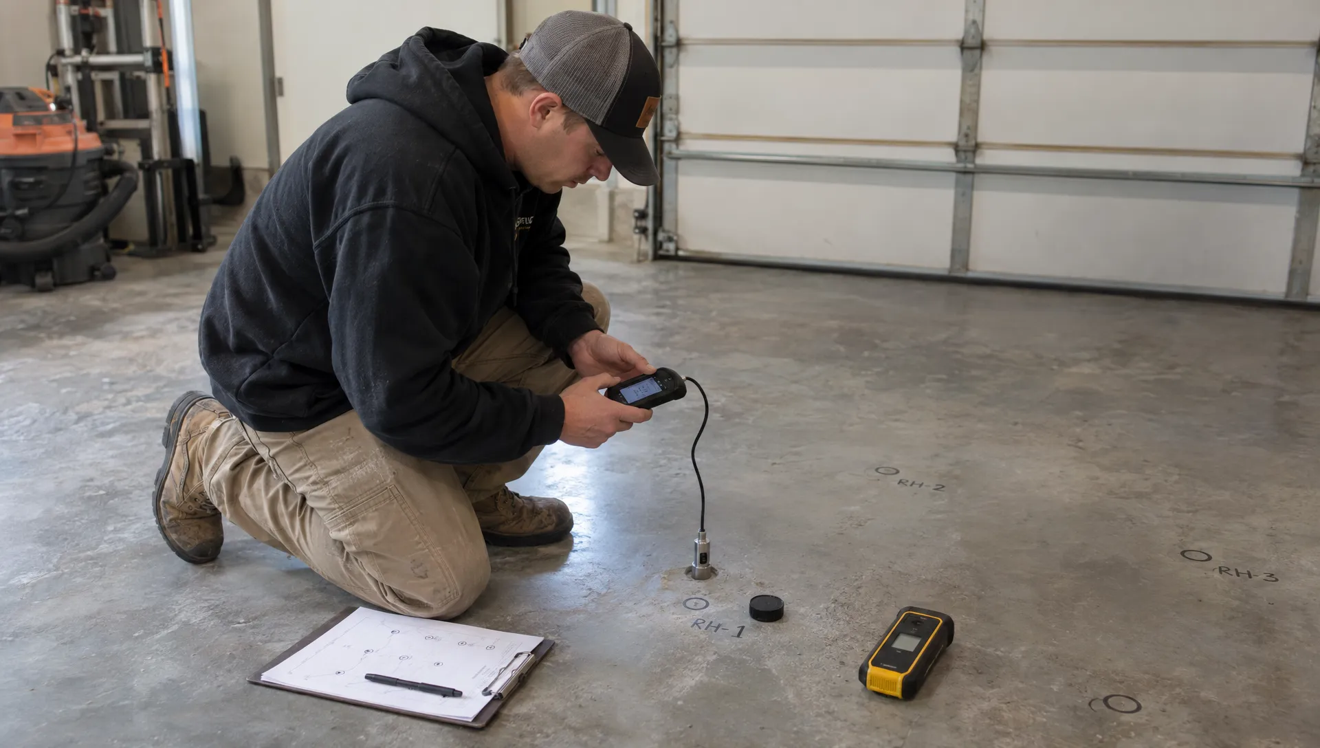 An installer kneels beside a bare garage slab, reading an in-situ humidity probe in a drilled hole while marked test locations and a handheld moisture meter sit nearby.