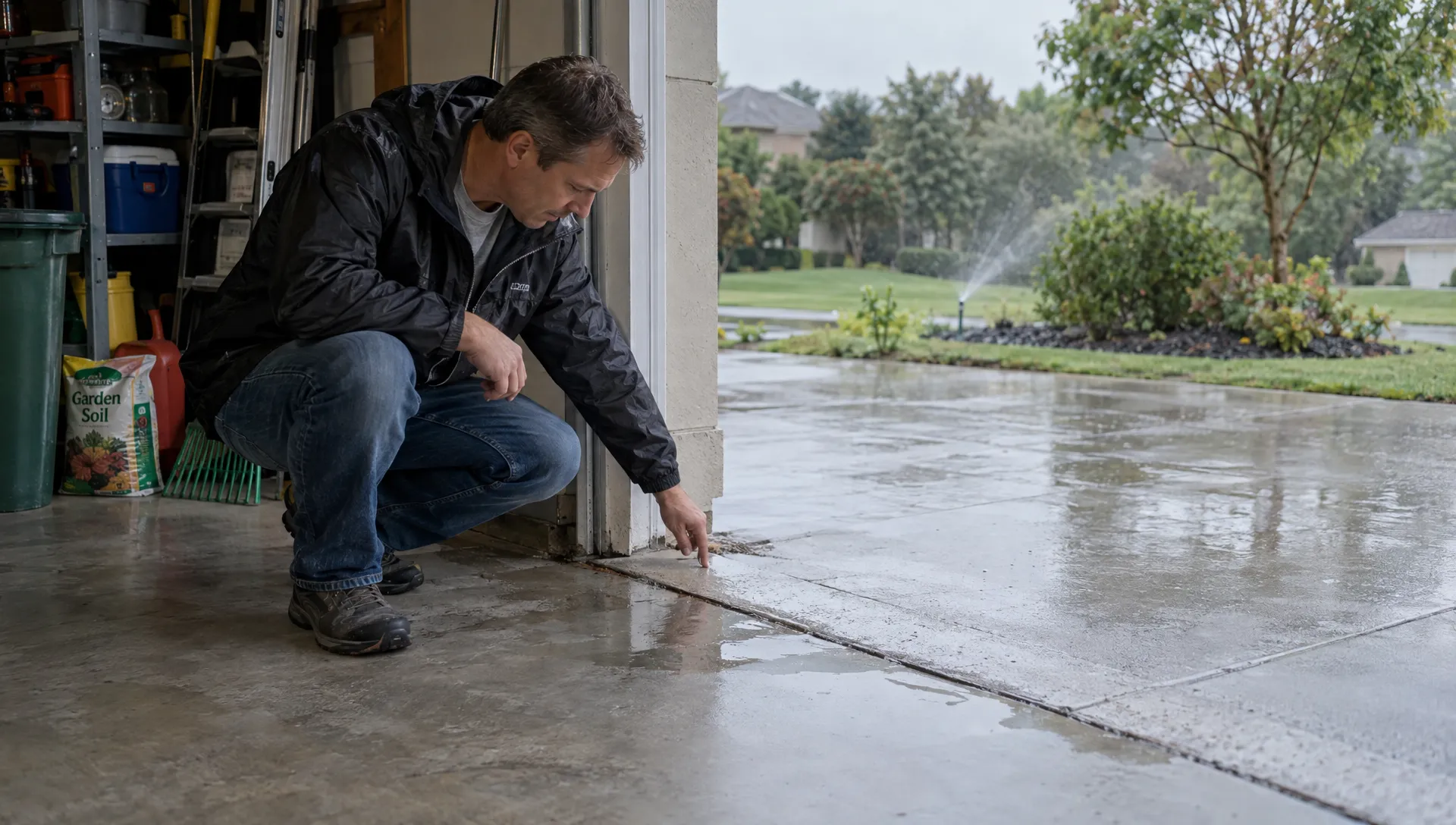 A homeowner checks damp concrete near the garage entrance after rain before planning a floor coating.