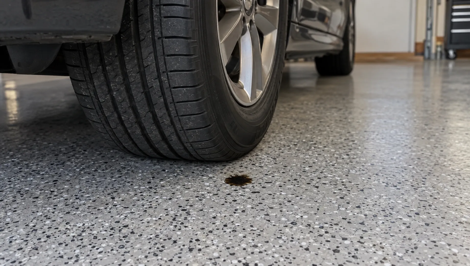 A parked car tire sits on an intact, flake-finished epoxy concrete garage floor beside a small oil droplet.