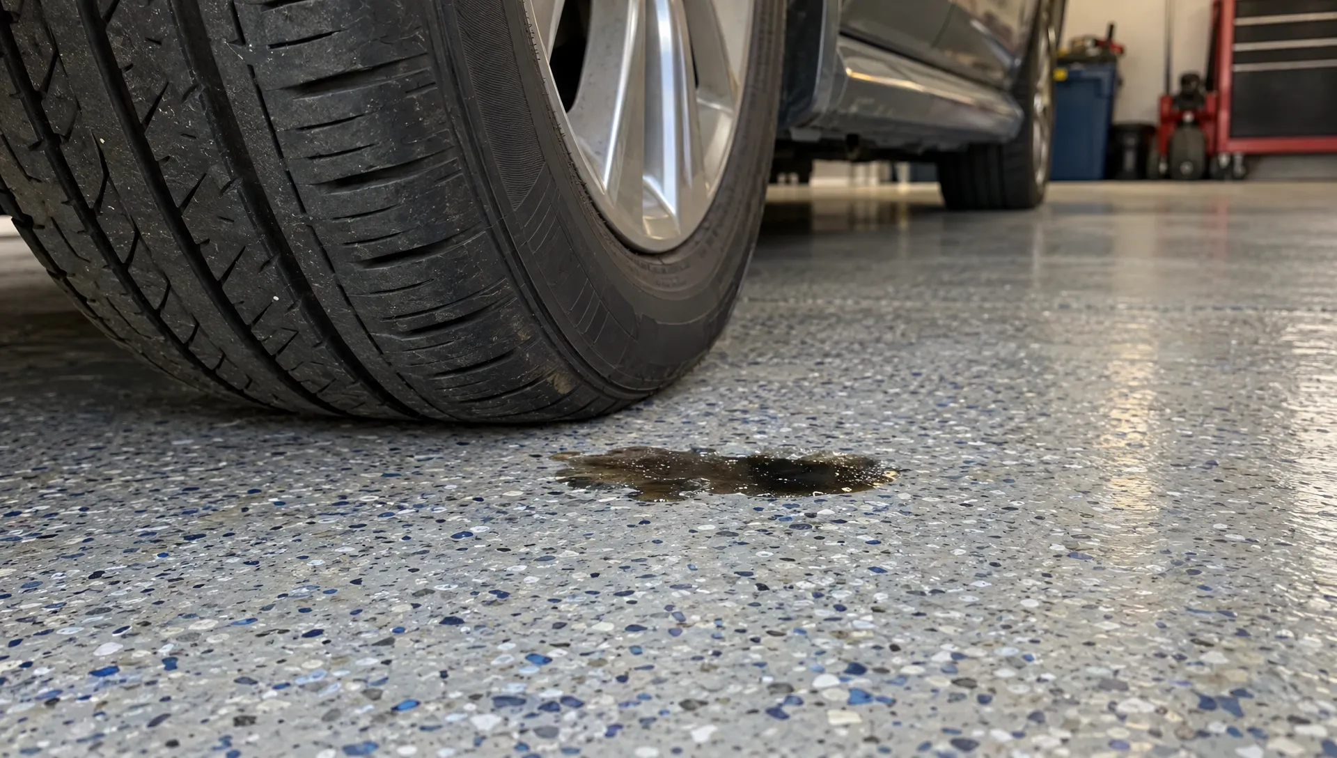 A parked car tire rests on a flake-finished garage floor beside a bead of motor oil, showing the coated surface exposed to everyday vehicle use.