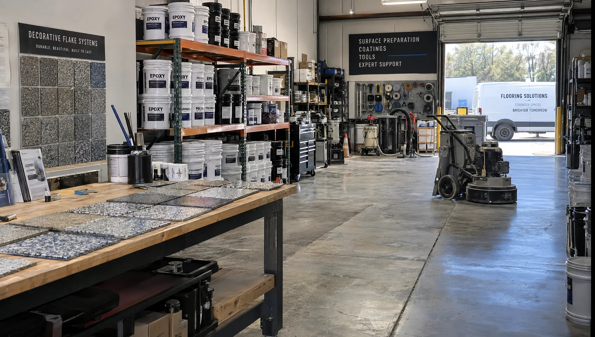 Coating materials, decorative flake samples, and floor-preparation equipment fill a contractor's workshop for planning a garage floor installation.