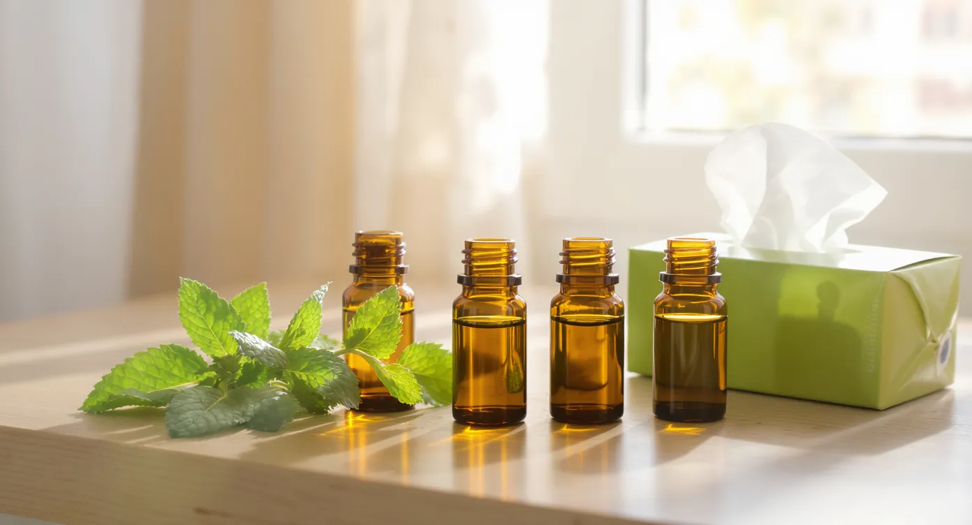 A tidy wooden tabletop holds several small brown glass homeopathic remedy bottles, a fresh sprig of mint, and a box of tissues, with sunlight filtering through a window to suggest spring allergy season in Dubai.