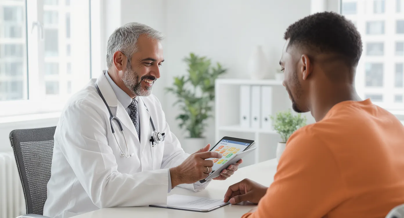 A smiling homeopath in a white coat consults with a young adult patient in a bright Dubai clinic room, gesturing to a tablet displaying an allergy symptom tracker.