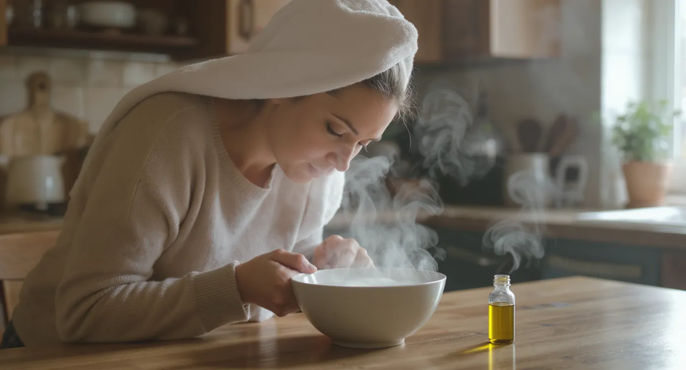 A woman sits at a kitchen table leaning over a bowl of steaming water with a towel over her head, inhaling moist air to relieve sinus congestion. A small bottle of eucalyptus oil rests nearby.