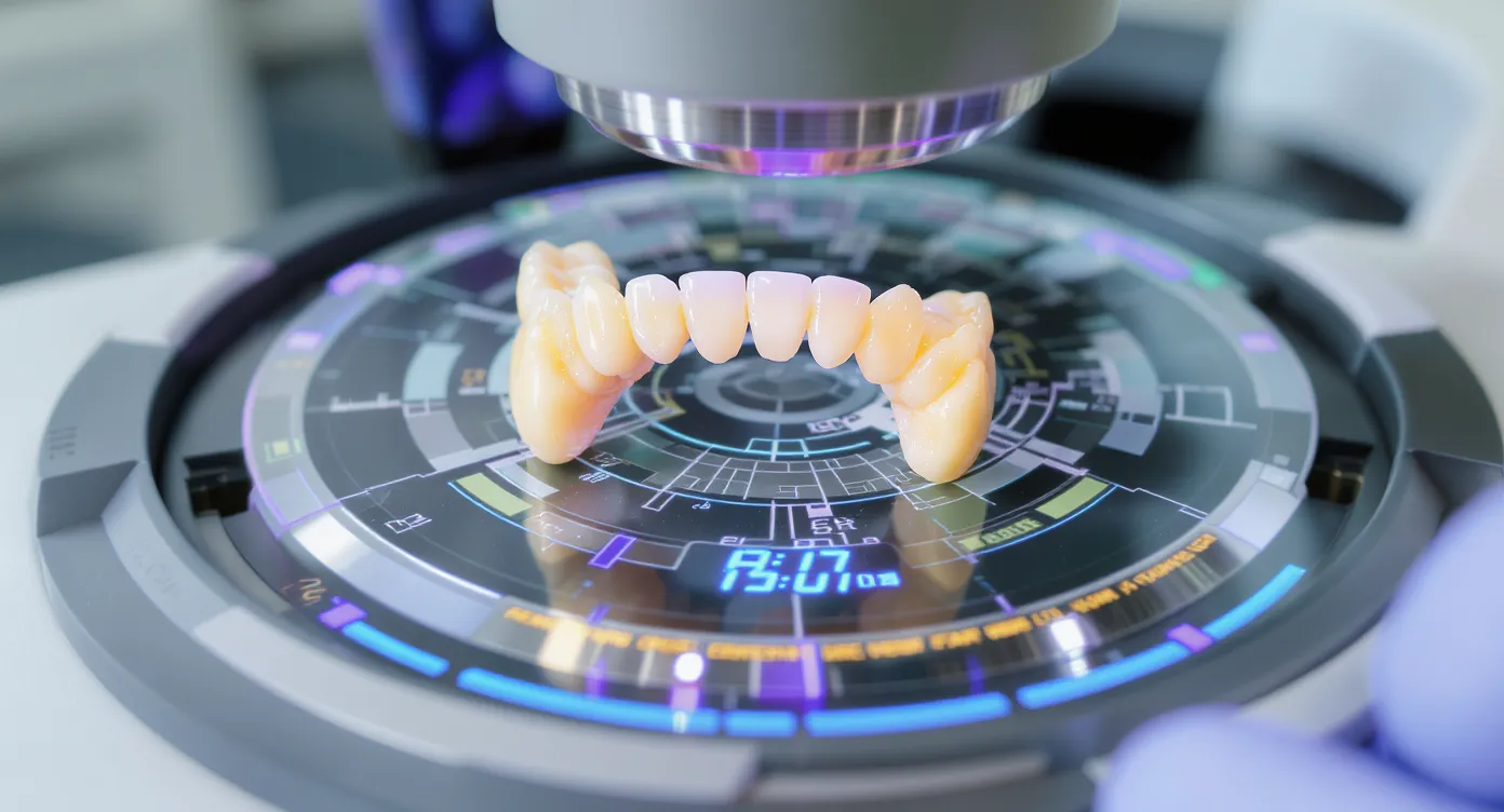 Close up of a zirconia dental bridge on a digital scanner platform in a modern clinic laboratory, illustrating high precision CAD/CAM technology used in Dubai dental clinics.