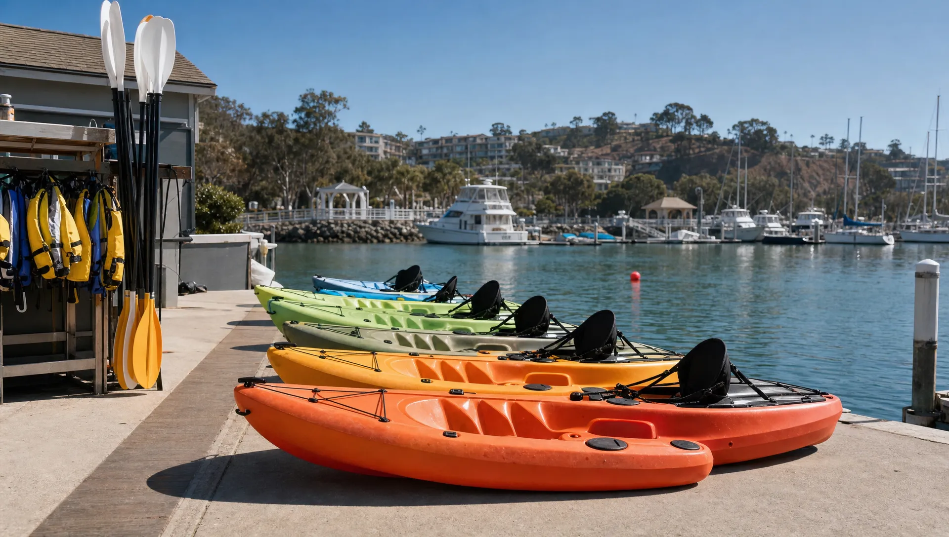 Kayaks lined up at the Dana Point Harbor dock with paddles and life jackets ready beside the water.