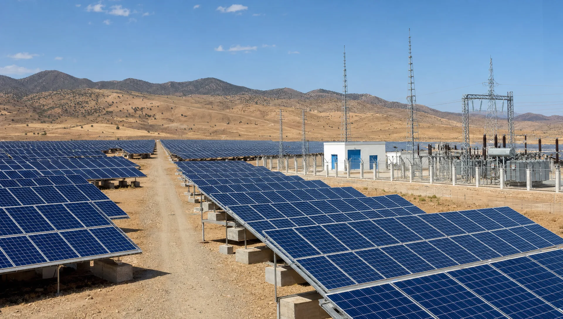 Une centrale photovoltaïque au sol au Maroc montre des rangées de panneaux, un poste électrique voisin et des collines sèches à l'arrière-plan.