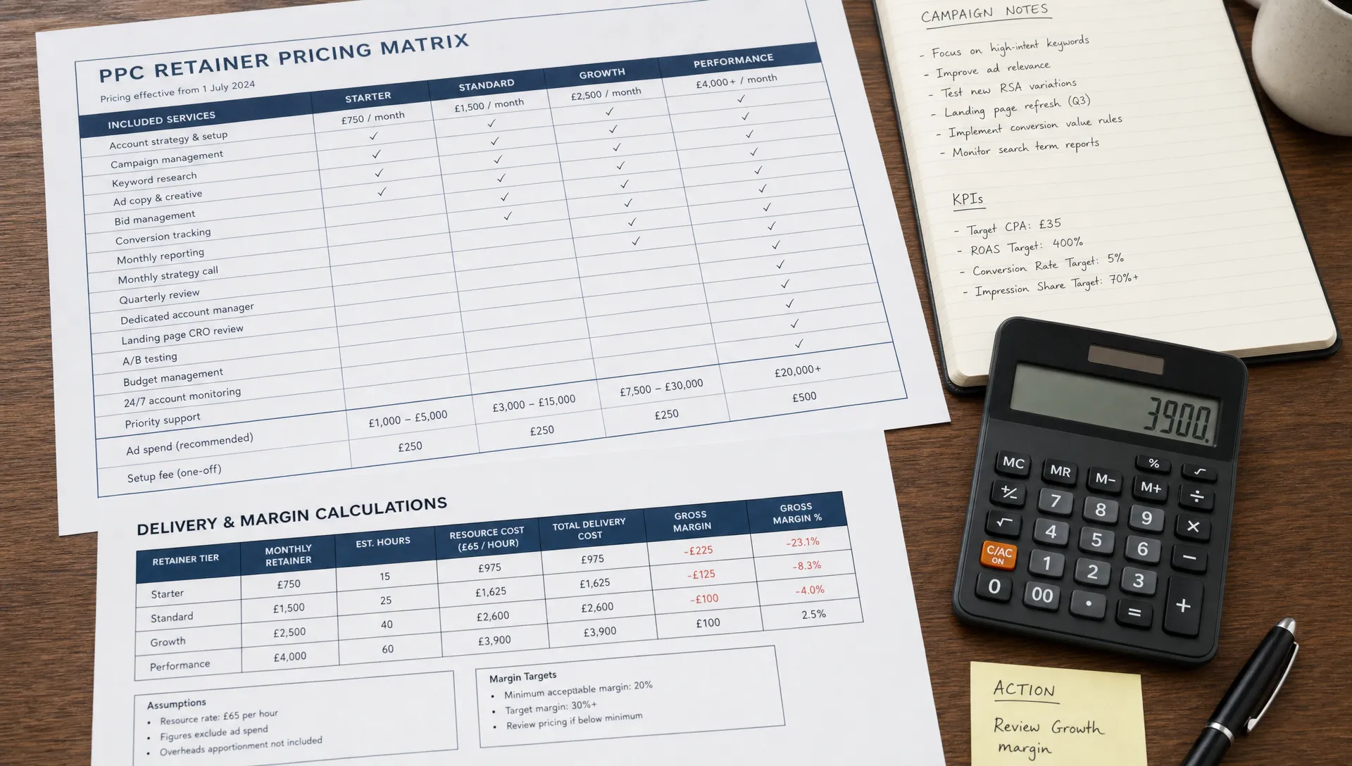 A close-up of a printed PPC pricing matrix, calculator, campaign notes and margin calculations on a desk, showing an agency comparing retainer tiers and delivery costs.