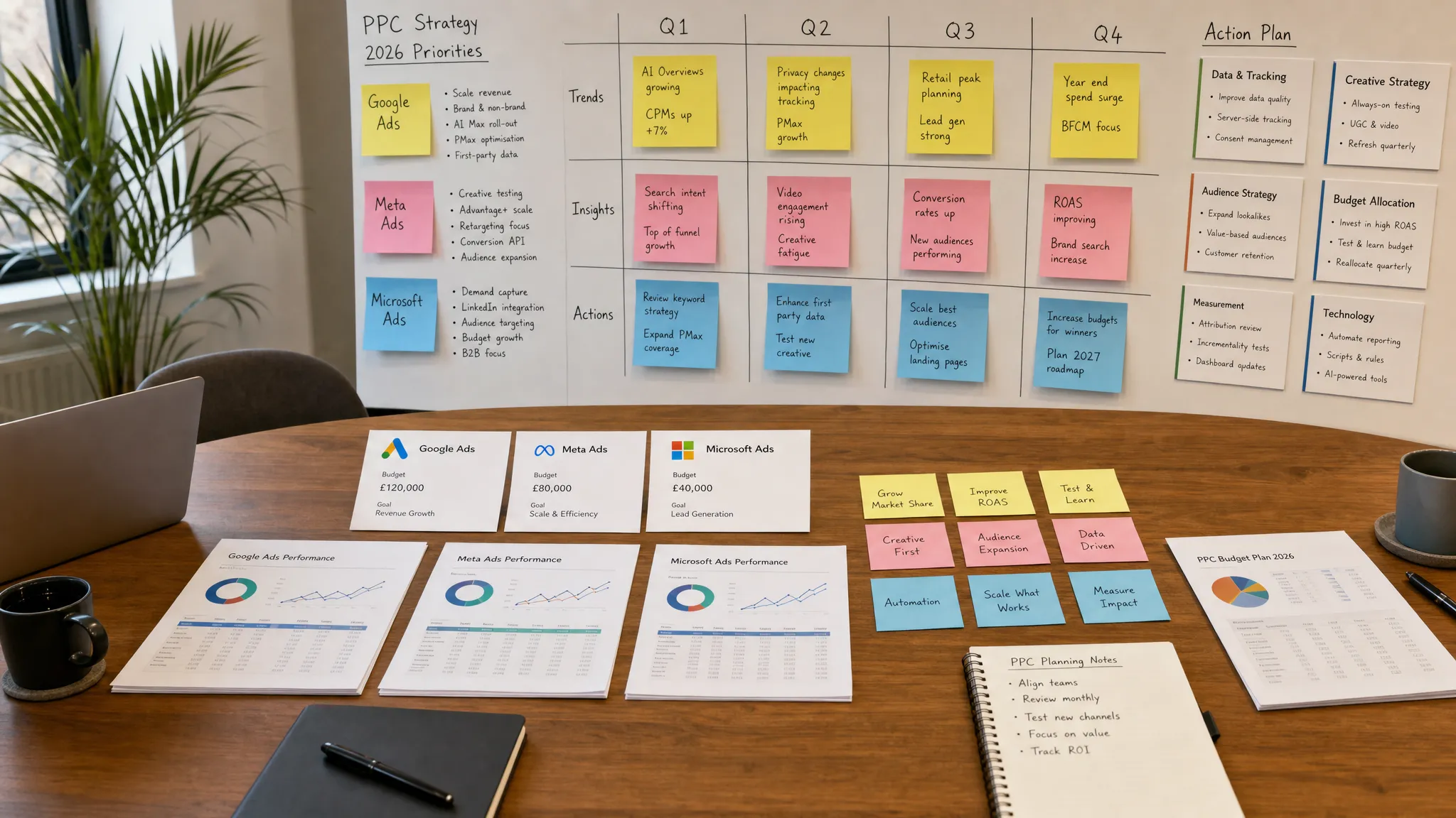 A UK agency planning table with printed PPC reports, channel notes, budget cards and coloured sticky notes showing Google Ads, Meta Ads and Microsoft Ads priorities for 2026, arranged beside a wall of quarterly trend notes and action cards.