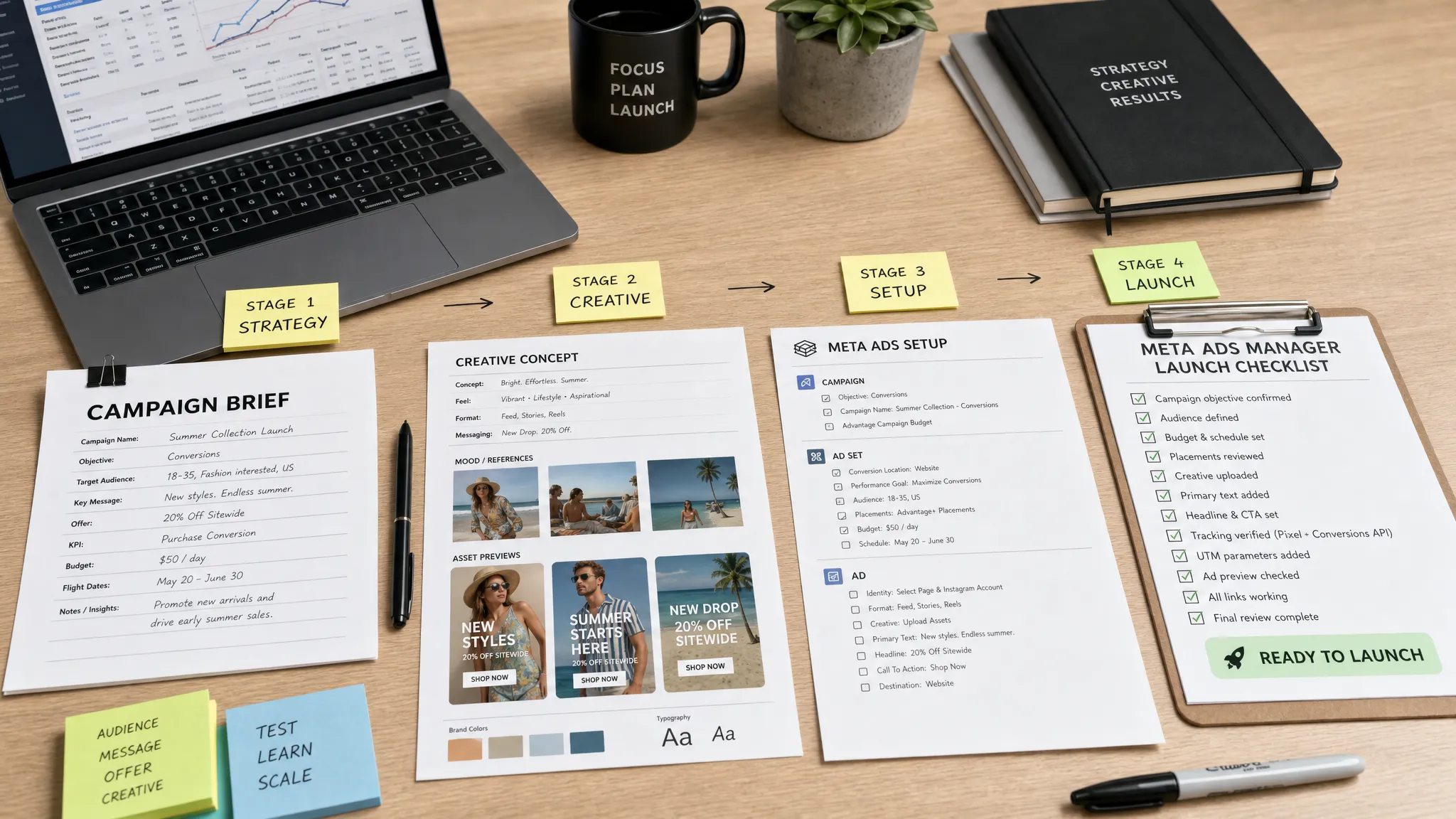 A tidy agency workflow desk with campaign brief documents, creative assets and a Meta Ads Manager launch checklist arranged in clear stages for faster paid social delivery.