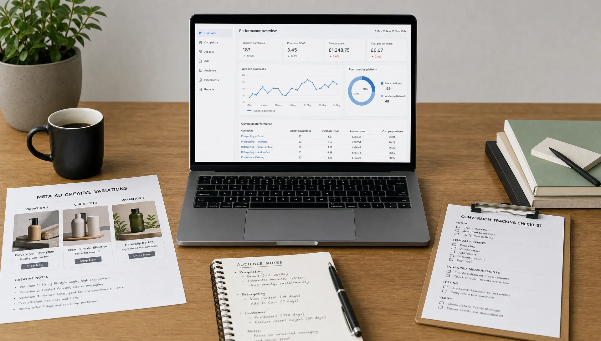 A work desk with printed Meta ad creative variations, audience notes, conversion tracking checklists, and a laptop showing a simple performance dashboard with the screen facing forward and nothing displayed behind it.
