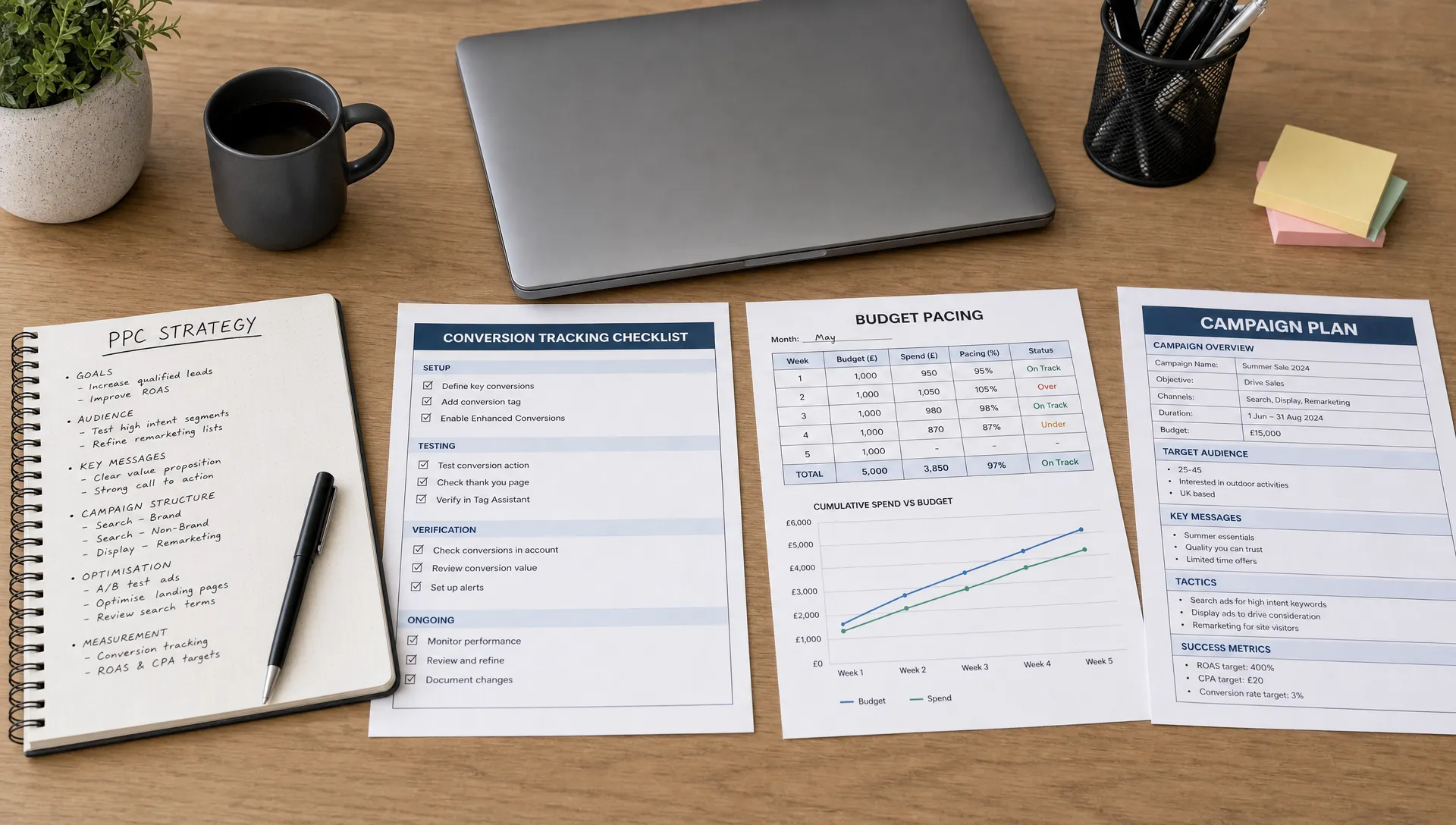 A neat desk with PPC strategy notes, a conversion tracking checklist, a budget pacing sheet and campaign planning documents arranged beside a closed laptop, with no people present.