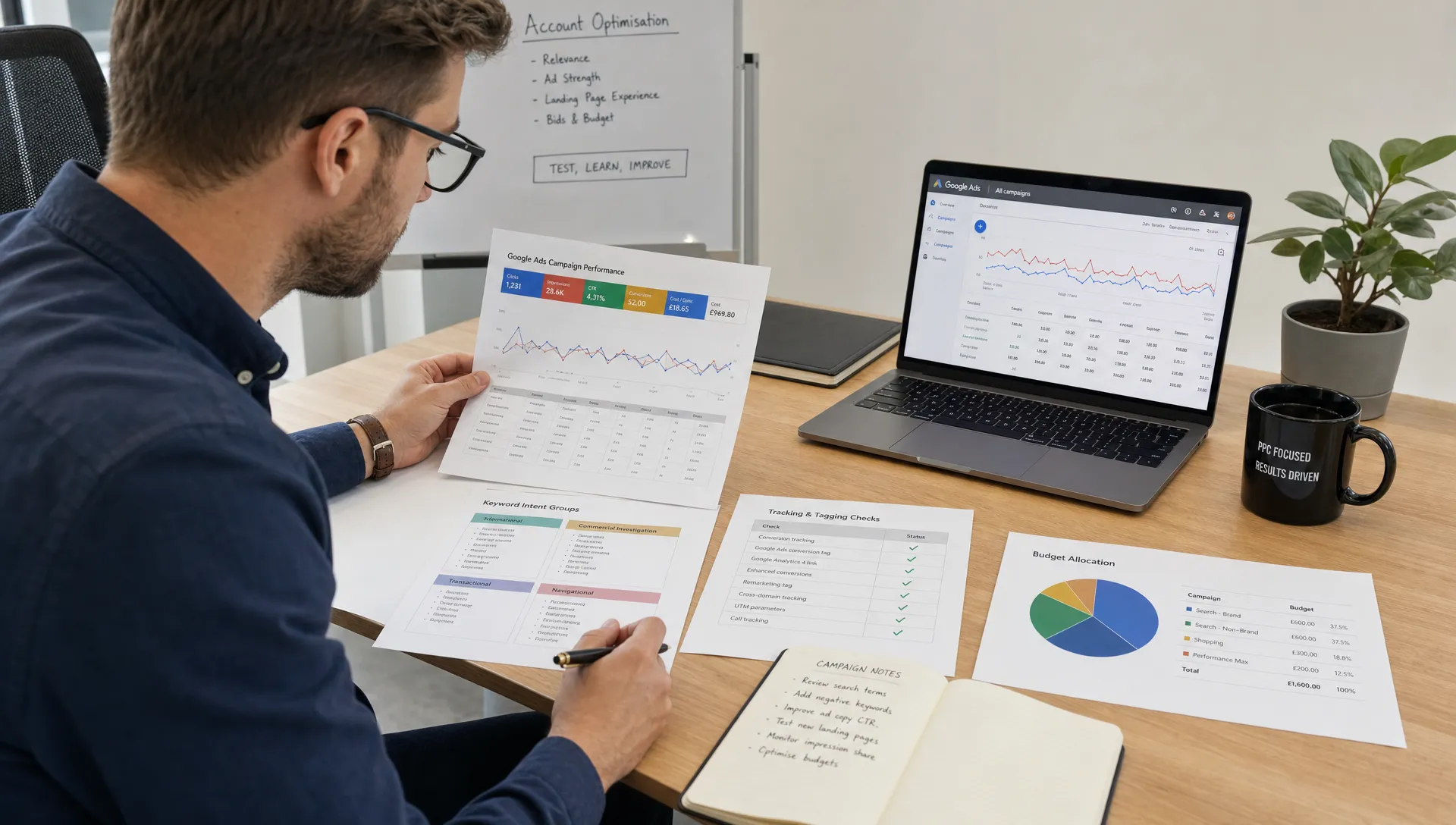 A focused paid search specialist reviews Google Ads campaign performance notes, keyword intent groups, tracking checks, and budget allocation documents on a clean agency workspace.