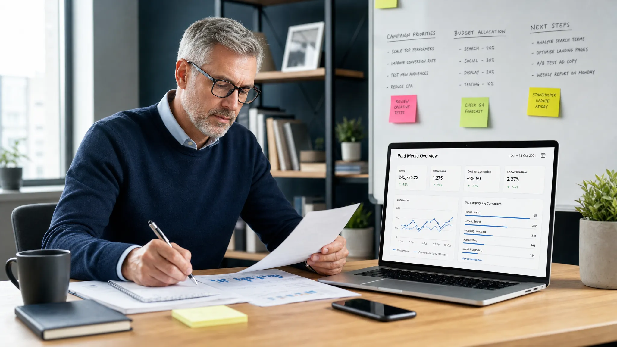 A senior paid media specialist reviews campaign performance notes, conversion data and budget priorities at a tidy desk, with charts, reports and a laptop screen facing the camera correctly.