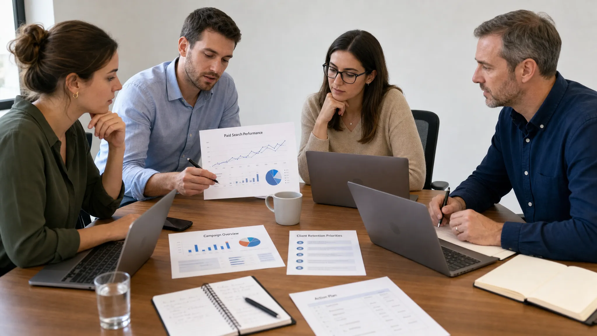 A marketing team reviews paid search performance notes, campaign charts, and client retention priorities around a meeting table, with laptops open, screens facing the camera, and no content shown behind them.