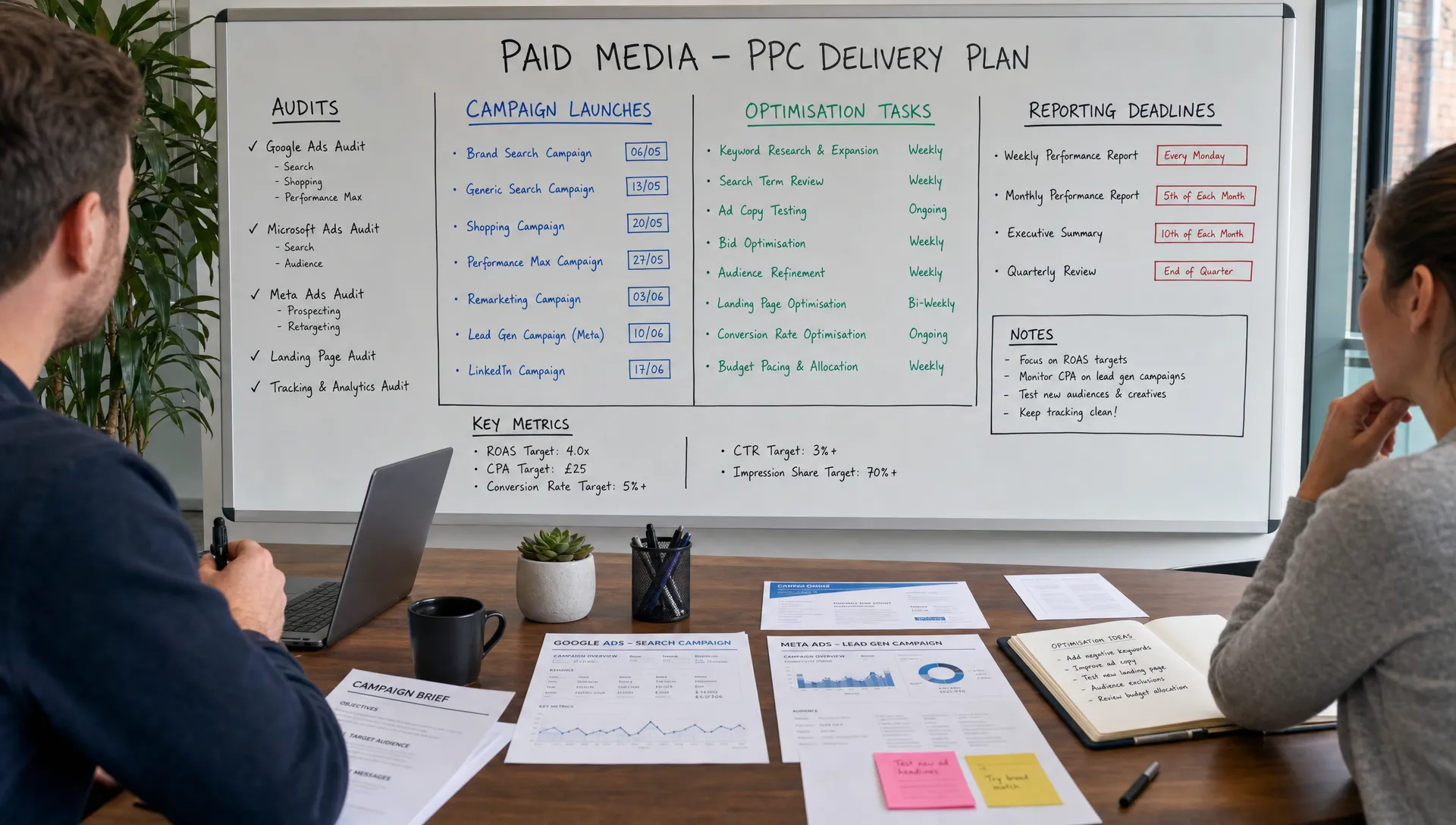 A close-up view of a digital agency planning paid media PPC delivery on a large whiteboard, with sections for audits, campaign launches, optimisation tasks and reporting deadlines, while team notes and campaign briefs are laid out on the table in the foreground.