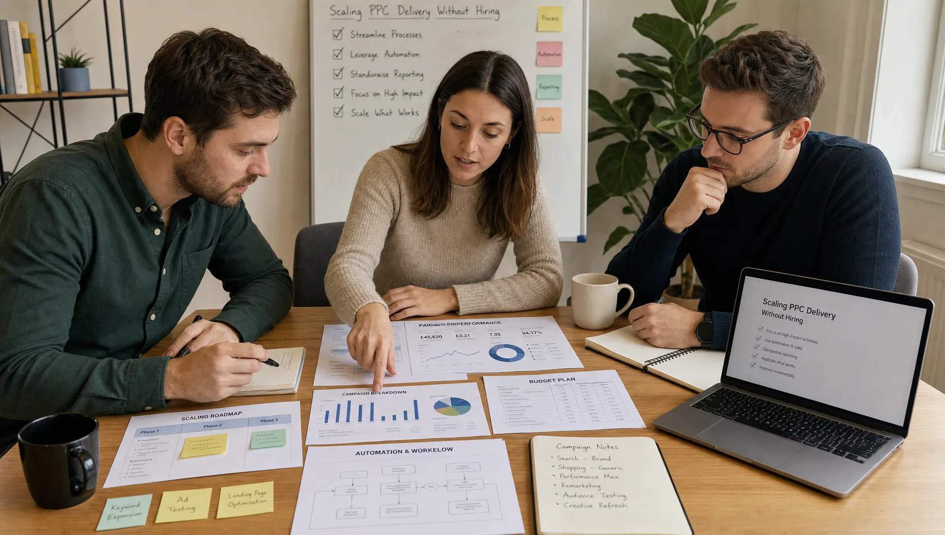 A small digital agency team reviewing printed paid media performance charts, campaign notes and budget plans at a meeting table, showing a structured workflow for scaling PPC delivery without hiring.