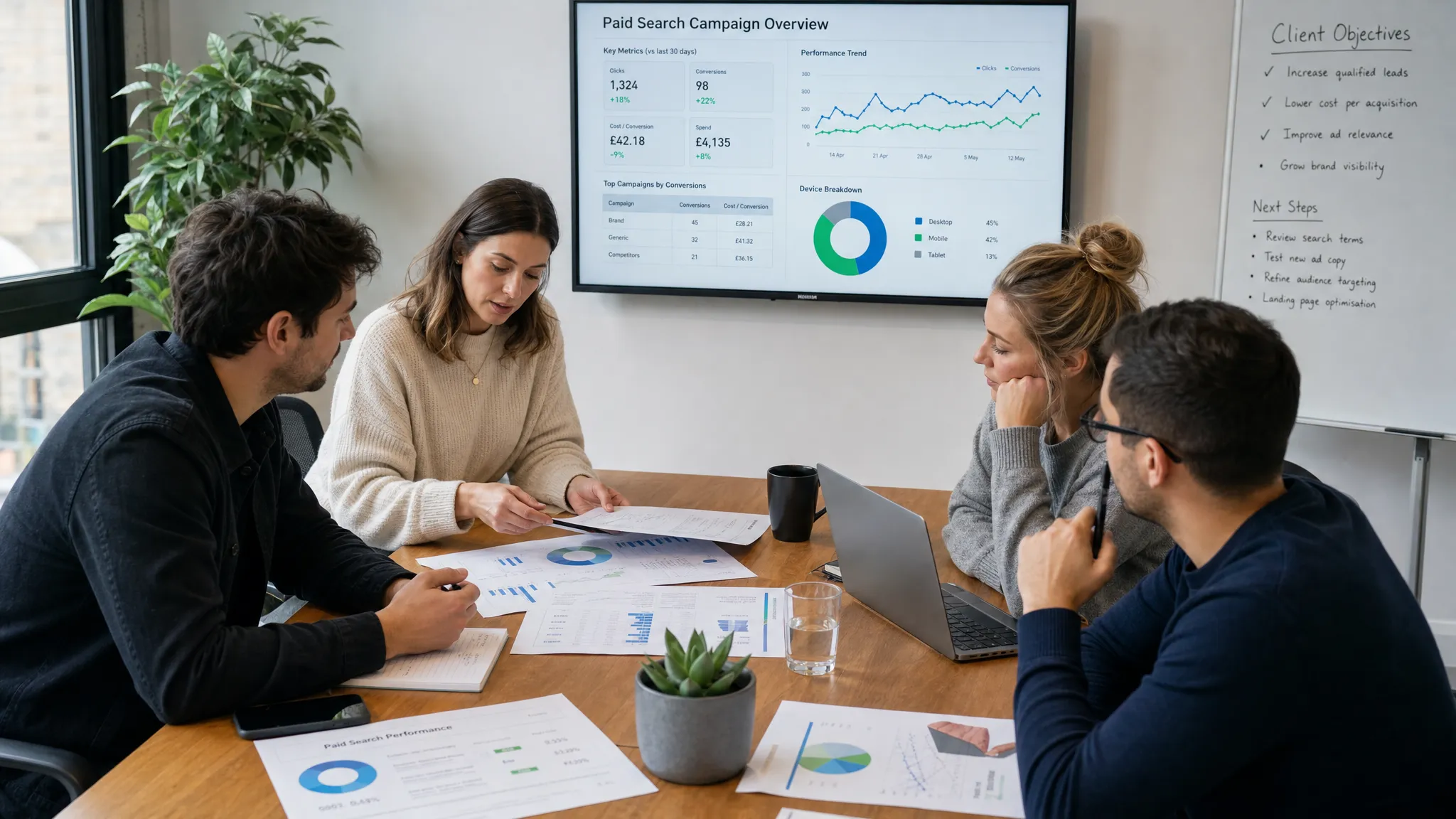 A digital agency team reviewing campaign performance notes, charts, and client objectives around a meeting table, with a focus on collaboration and paid search planning.