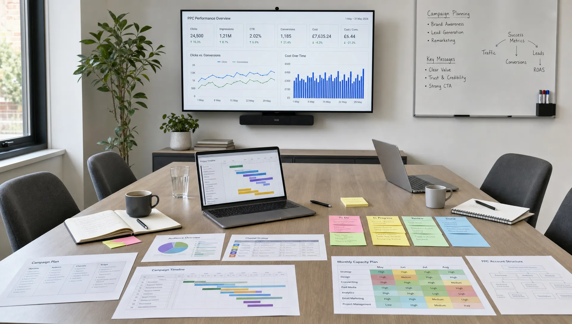 A calm agency meeting room with campaign planning notes, PPC performance charts and project timelines laid out on a table, showing organised capacity planning without any visible client branding.
