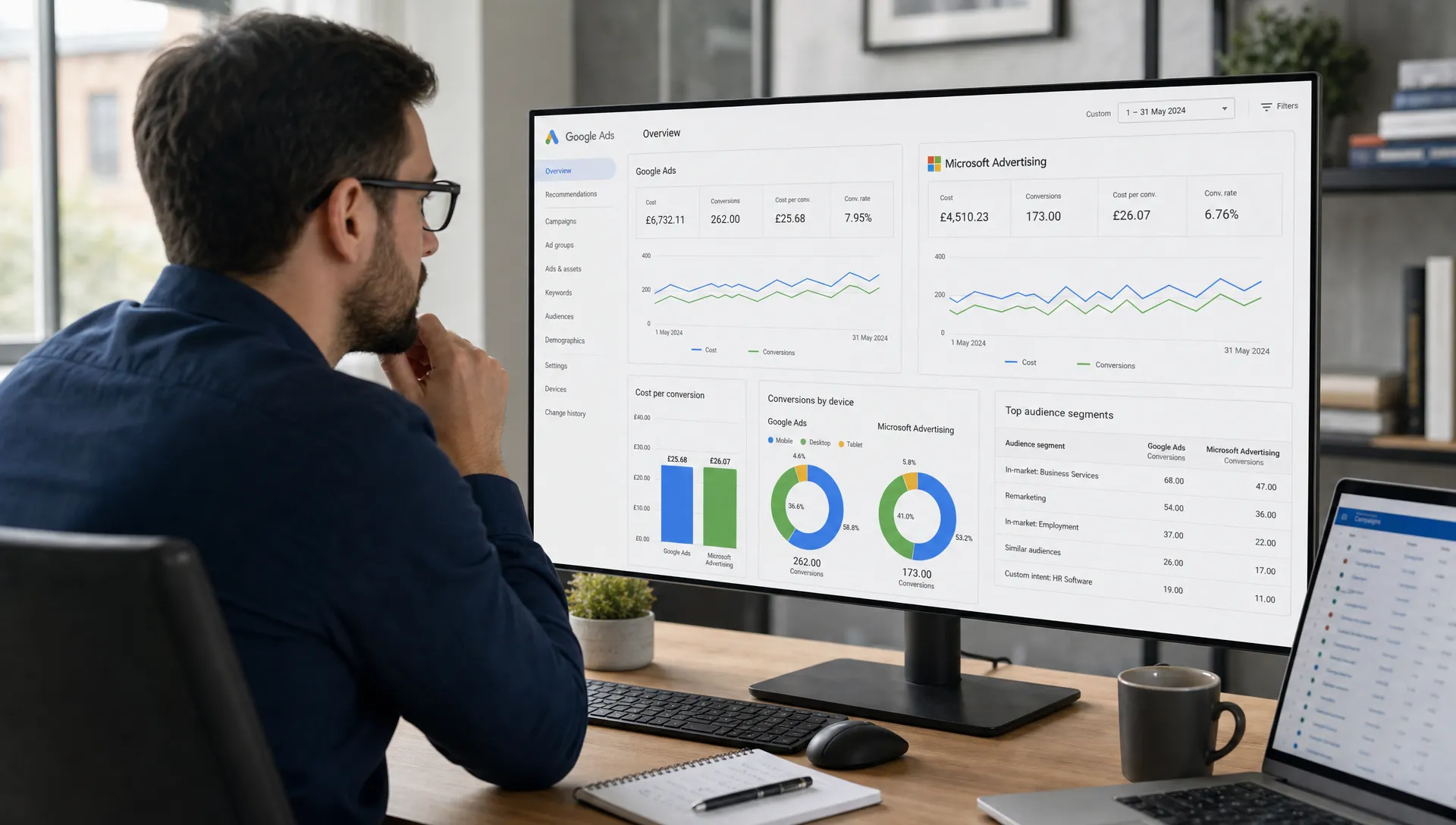 A paid media specialist reviews search campaign performance across Google Ads and Microsoft Ads, comparing cost per lead, device performance and audience signals on a desk-side analytics screen.