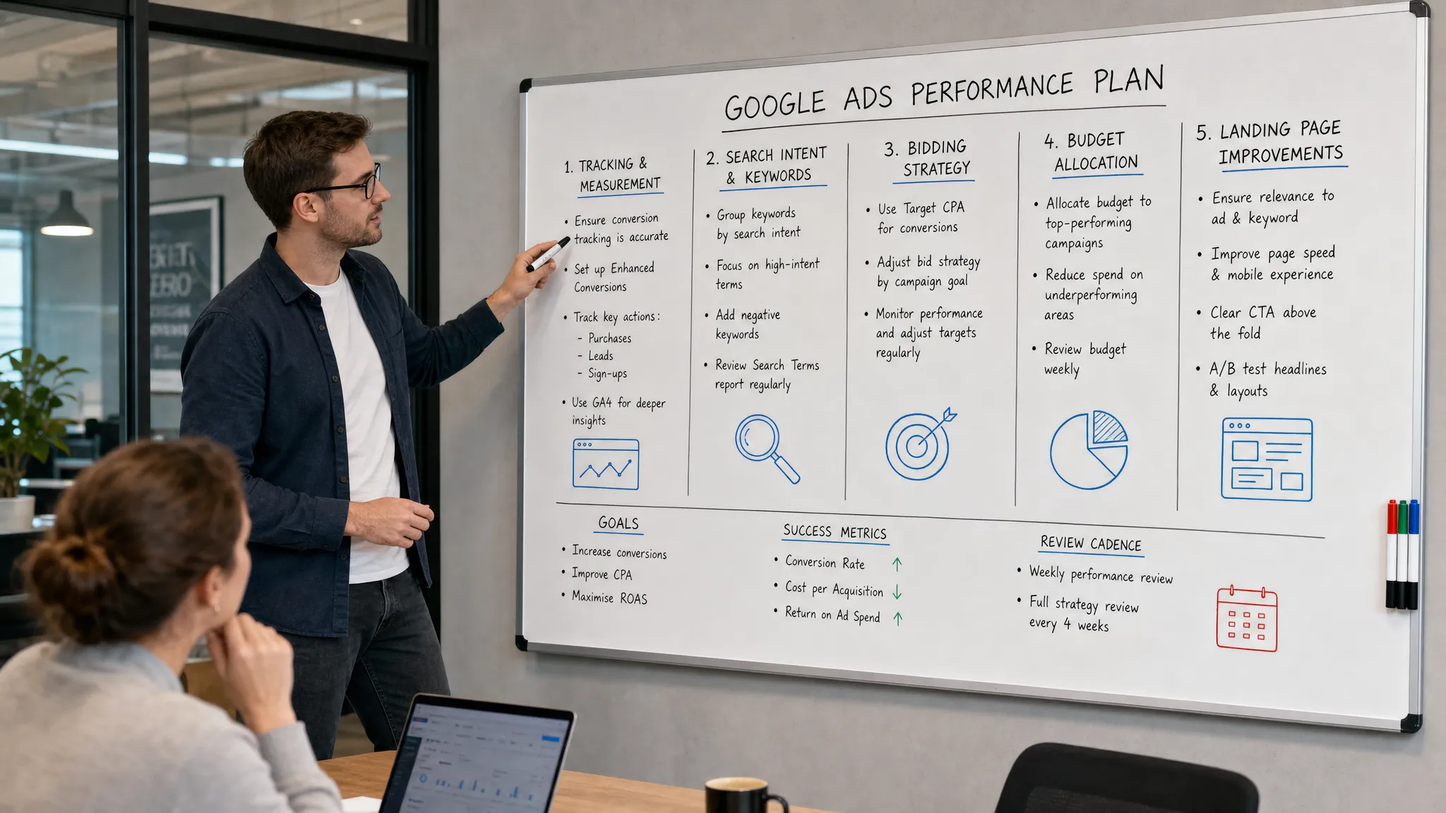 A paid search specialist reviews a structured Google Ads performance plan with sections for tracking, search intent, bidding, budget allocation and landing page improvements on a wall board in an agency meeting room.
