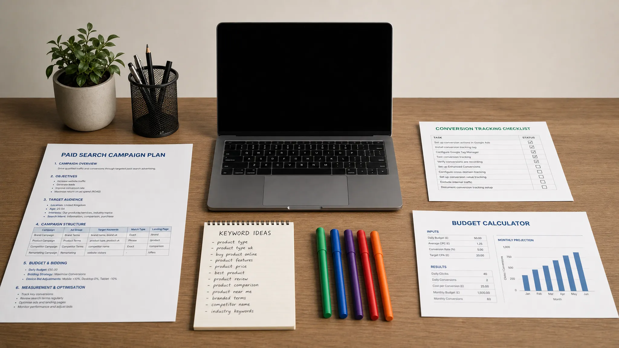 A clean desk with a printed paid search campaign plan, a conversion tracking checklist, keyword notes, a budget calculator and coloured markers arranged neatly beside a laptop facing the camera with nothing displayed behind it.