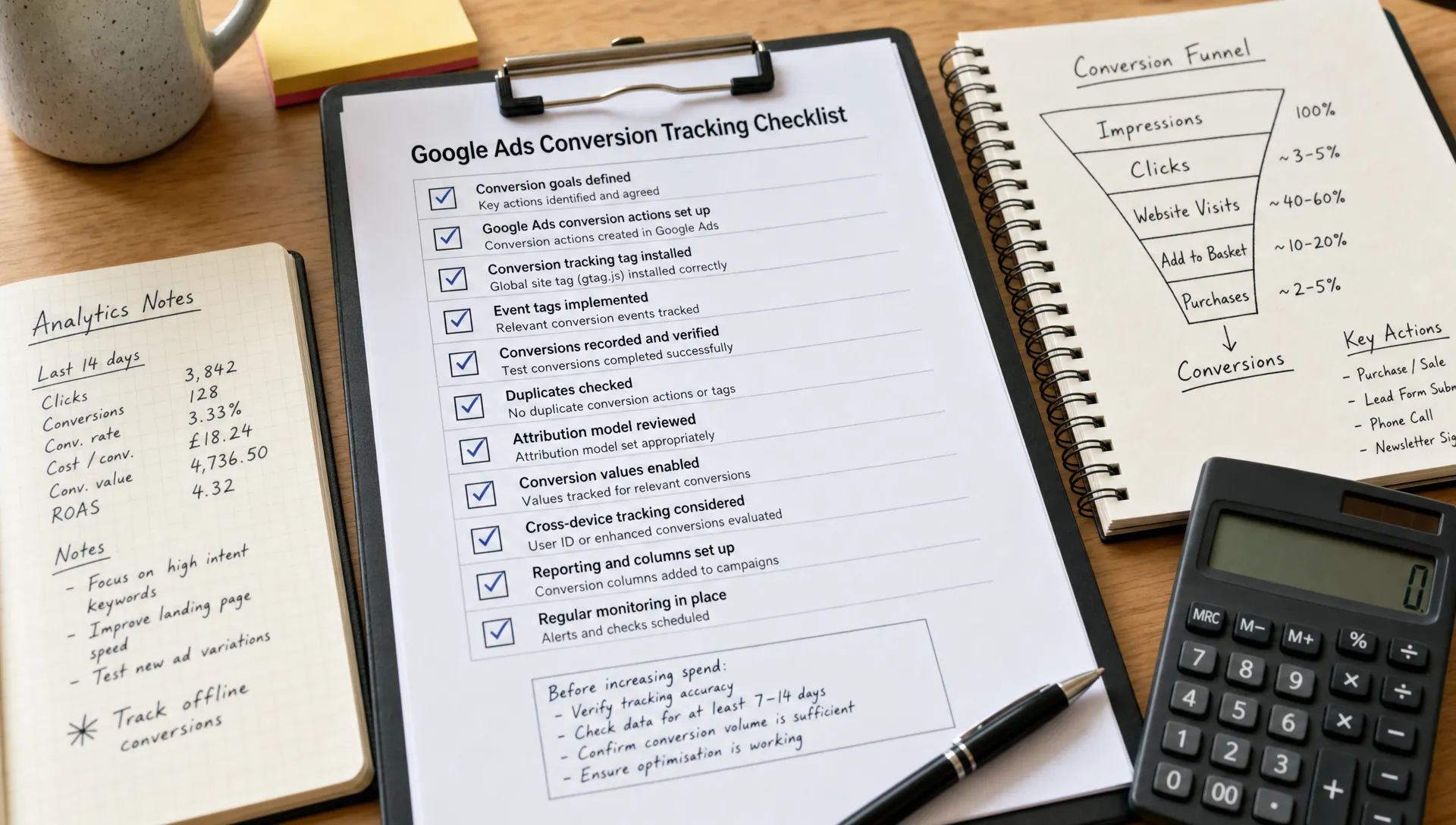 A close-up of a Google Ads conversion tracking checklist beside a funnel sketch, analytics notes and a calculator, laid out for checking measurement before increasing ad spend.