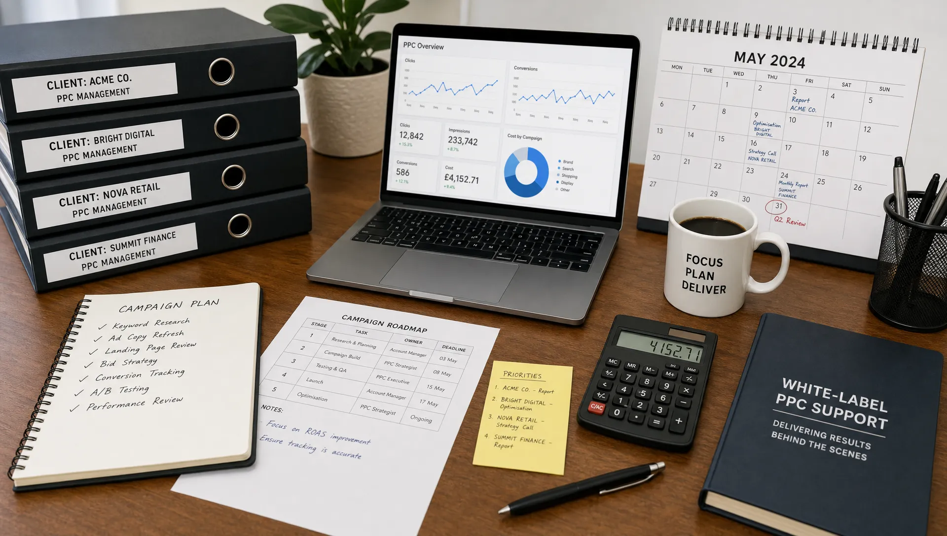 A tidy agency planning desk with labelled client folders, campaign notes, a calendar showing upcoming deadlines, and a calculator beside a coffee cup, representing commercial planning for white-label PPC support.
