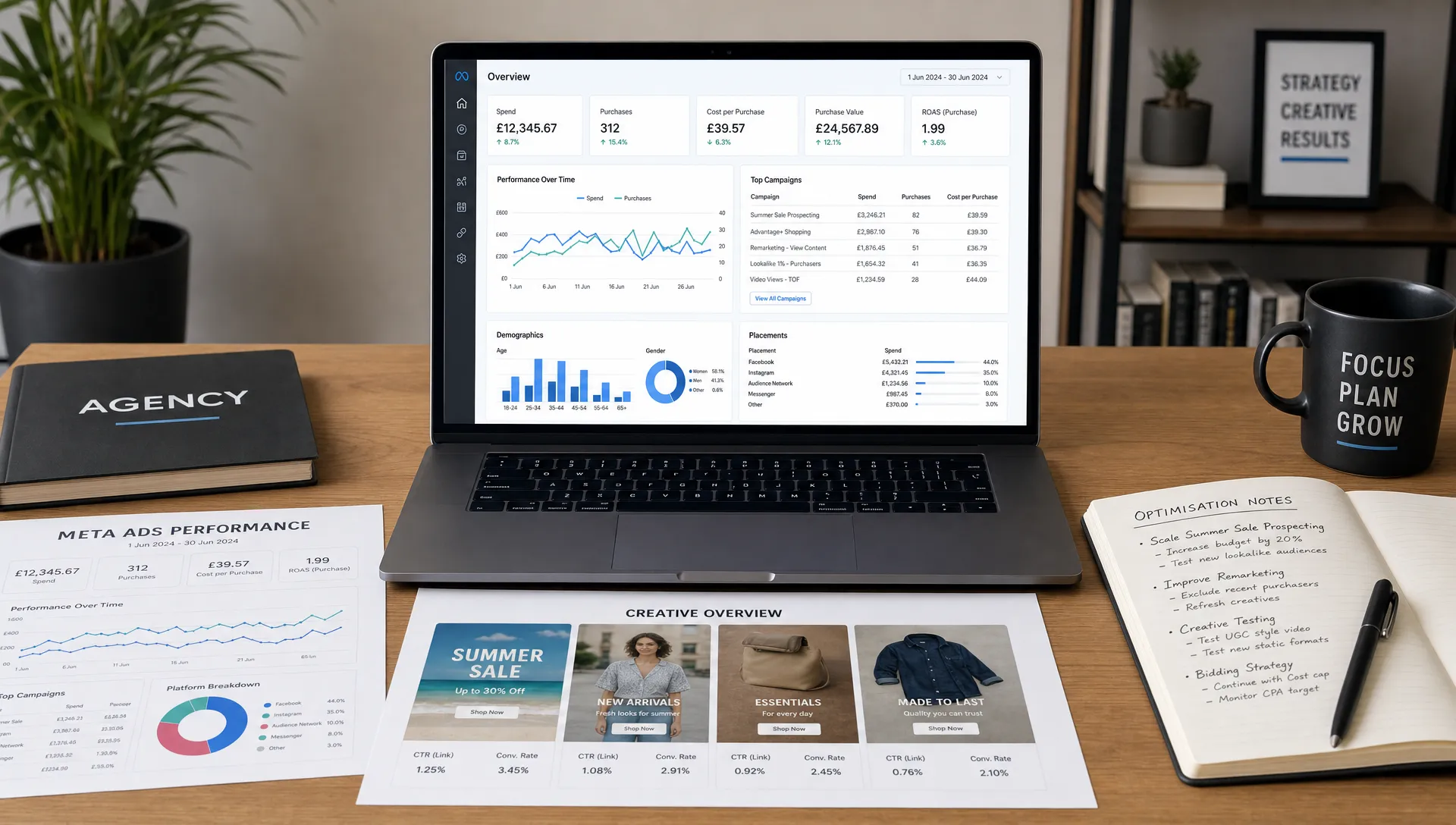 A clean agency reporting desk with printed Meta Ads performance charts, creative ad mockups, a notebook of optimisation notes and a laptop facing the viewer with a simple dashboard on screen.