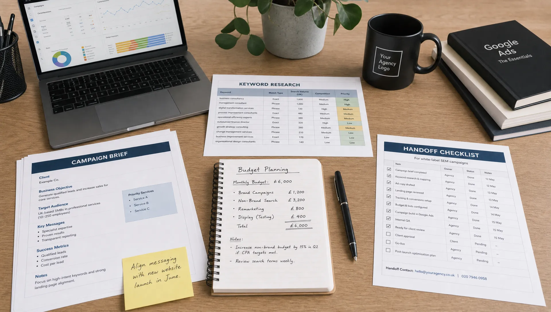 A tidy agency desk with campaign briefs, keyword research notes, budget planning sheets, and a simple handoff checklist laid out together, suggesting organised white-label SEM collaboration behind the scenes.