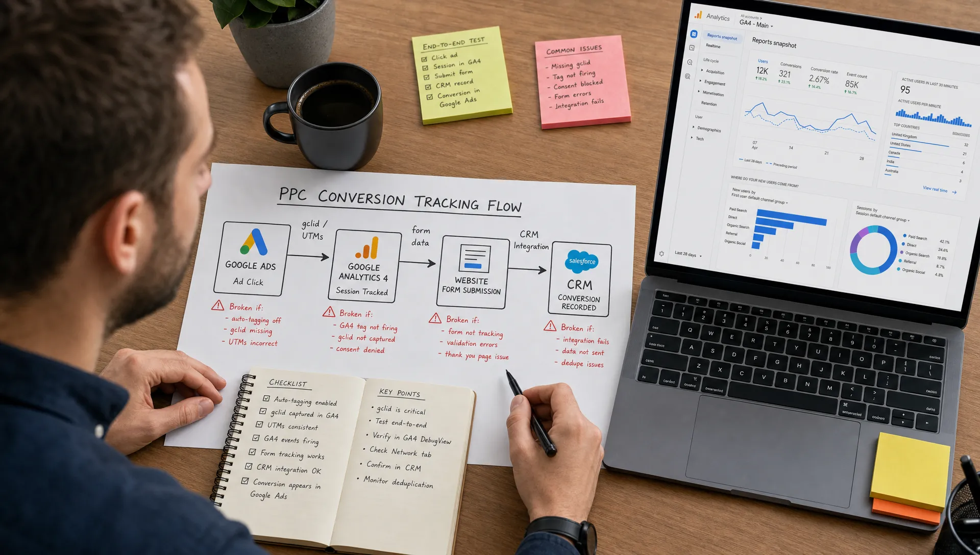 A digital marketing specialist reviews PPC tracking links between Google Ads, GA4, a website form and a CRM on a desk layout, with arrows showing where conversion signals can break.