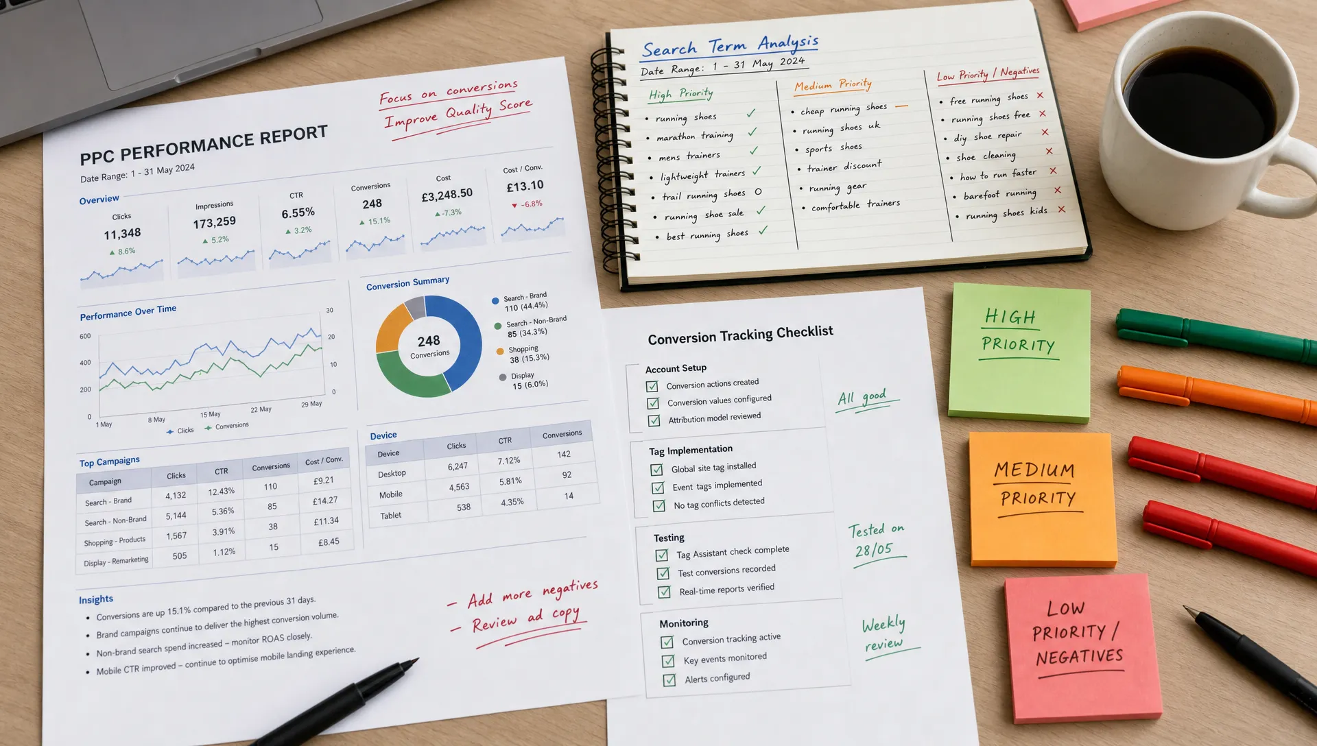 A close-up overhead view of annotated PPC performance reports, search term notes, conversion tracking checklists and coloured markers grouped by priority on a desk.