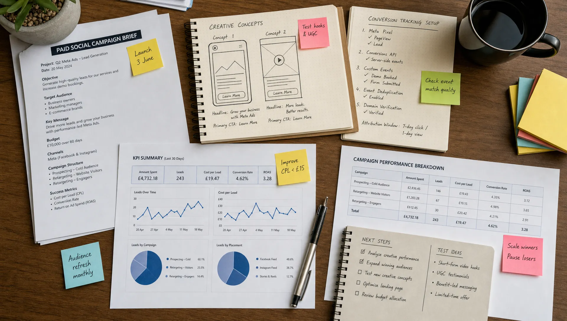 A top-down desk layout with paid social campaign briefs, creative concept sketches, conversion tracking notes, KPI charts, sticky notes and a coffee cup, representing a structured Meta Ads account review.