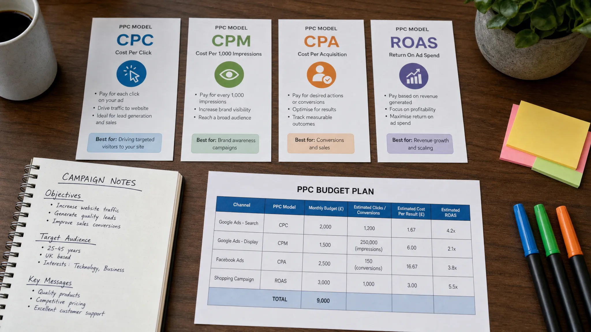 A tabletop pricing comparison layout with PPC model cards, campaign notes, budget sheets and coloured markers arranged for a strategy discussion.