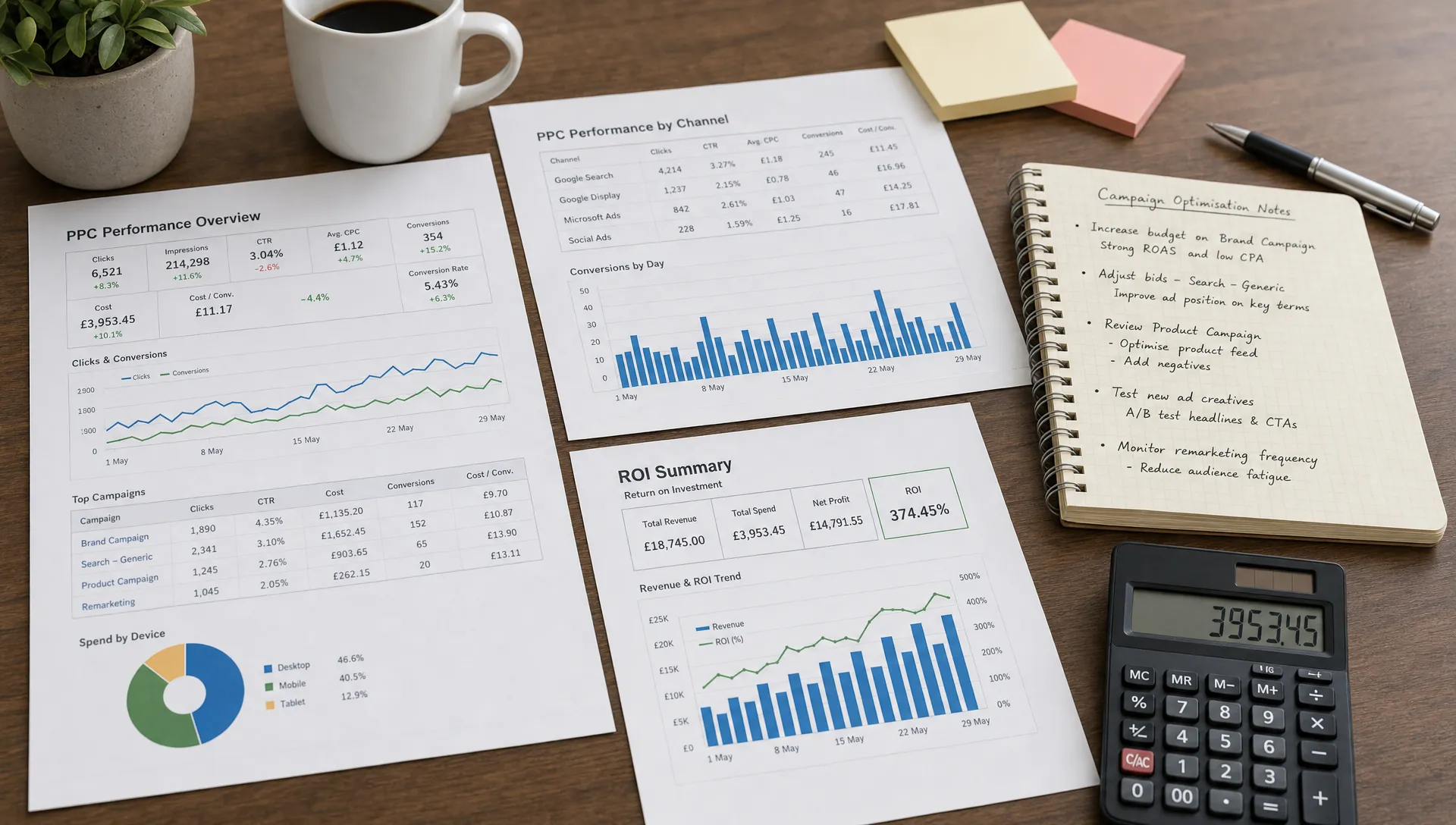 A PPC reporting workspace showing printed charts, a calculator, campaign notes and a simple ROI summary sheet spread across a desk, representing agency analysis of paid media performance.