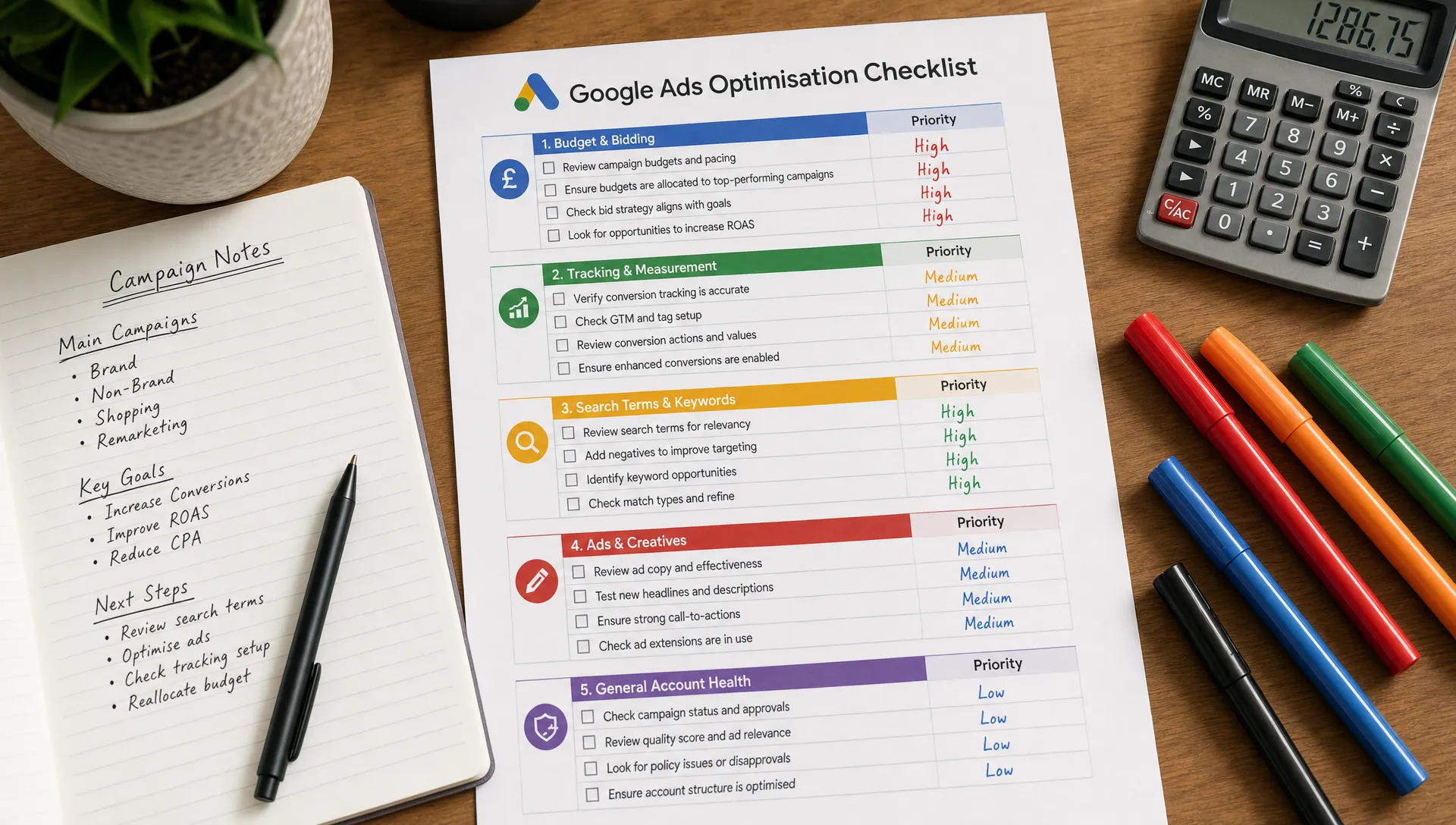 A desk with a printed Google Ads optimisation checklist, campaign notes, a calculator, and coloured markers used to prioritise budget, tracking, search terms, and ad improvements, shown from a slightly overhead view with the papers spread across a neat workspace.