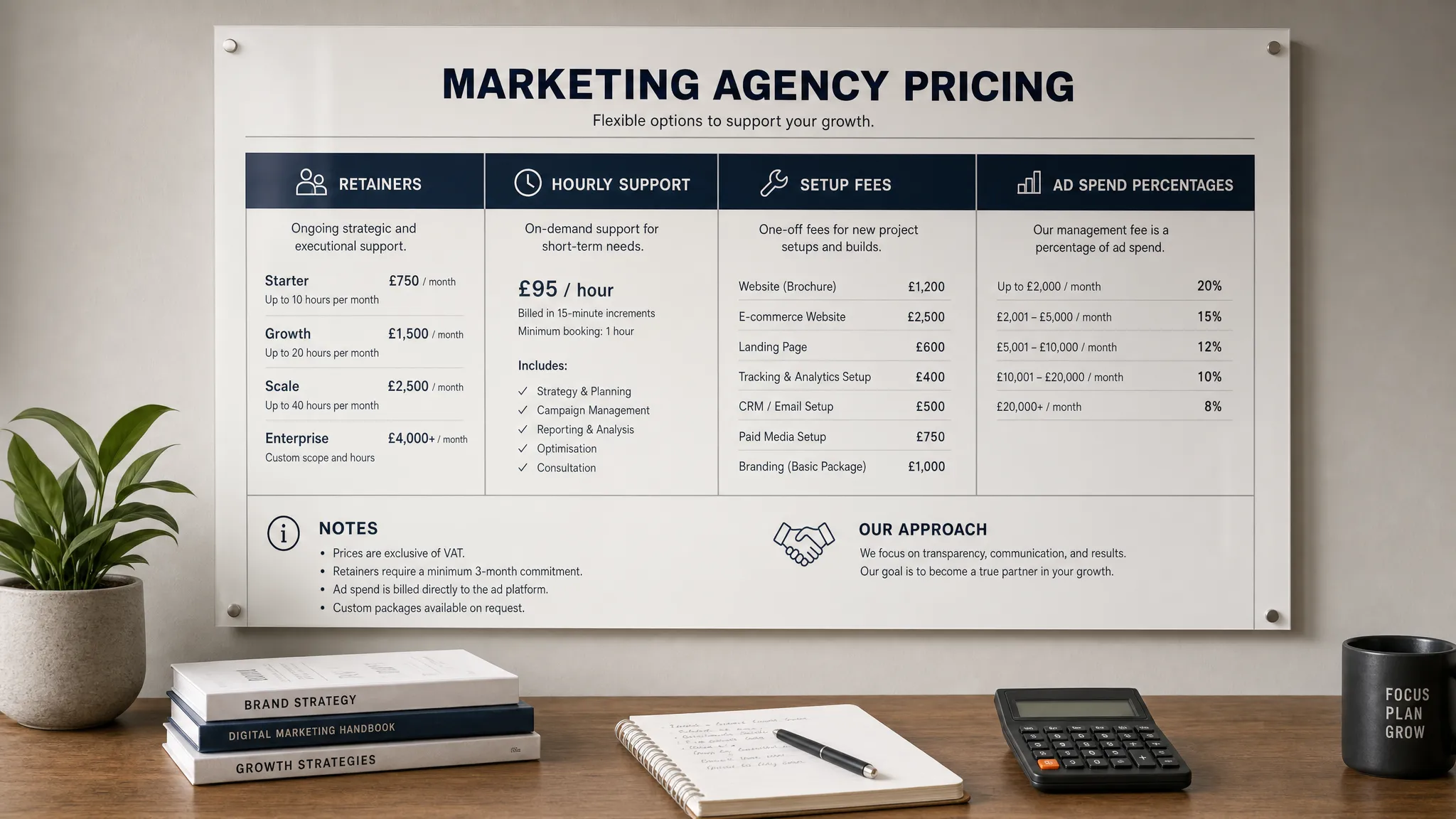 A marketing agency pricing board on a wall, with columns for retainers, hourly support, setup fees and ad spend percentages, plus printed notes and a calculator on the desk below.