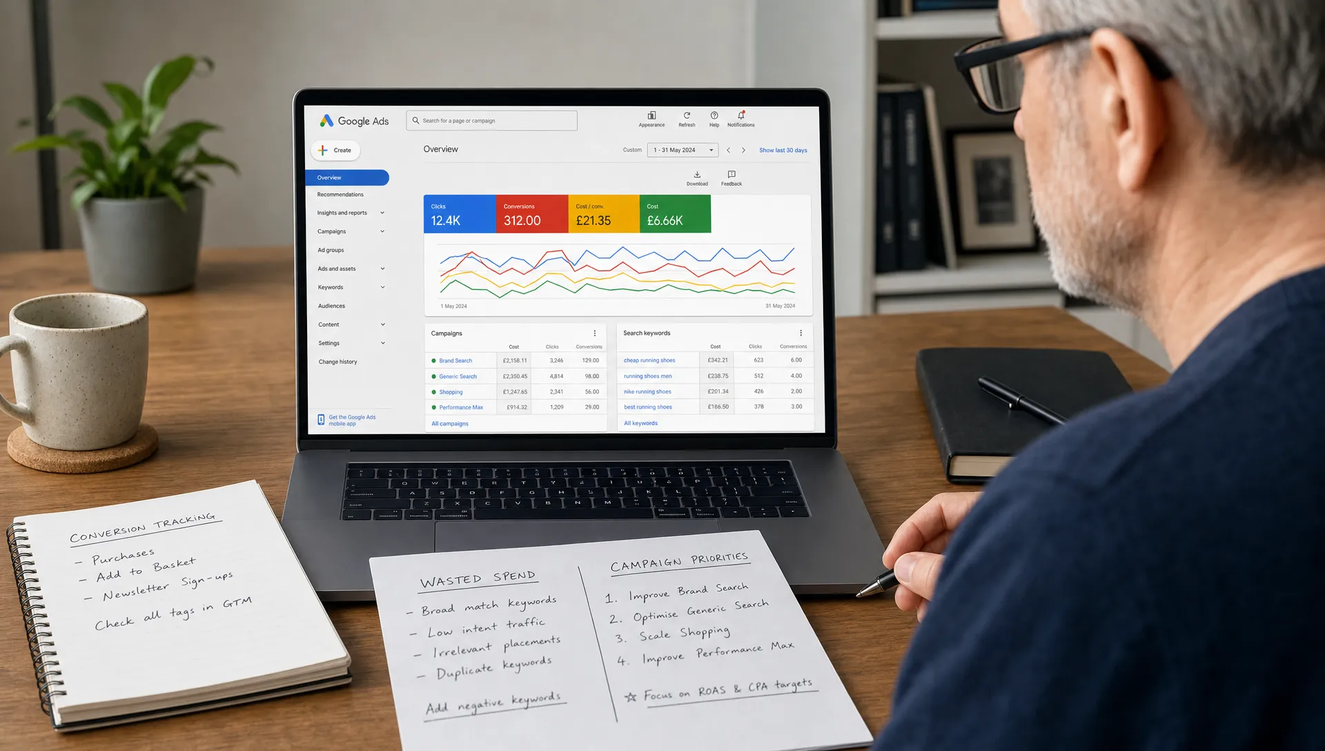 A senior PPC specialist reviewing a Google Ads performance report on a laptop with the screen facing the viewer, while printed notes show conversion tracking, wasted spend and campaign priorities on a desk in a quiet office setting.