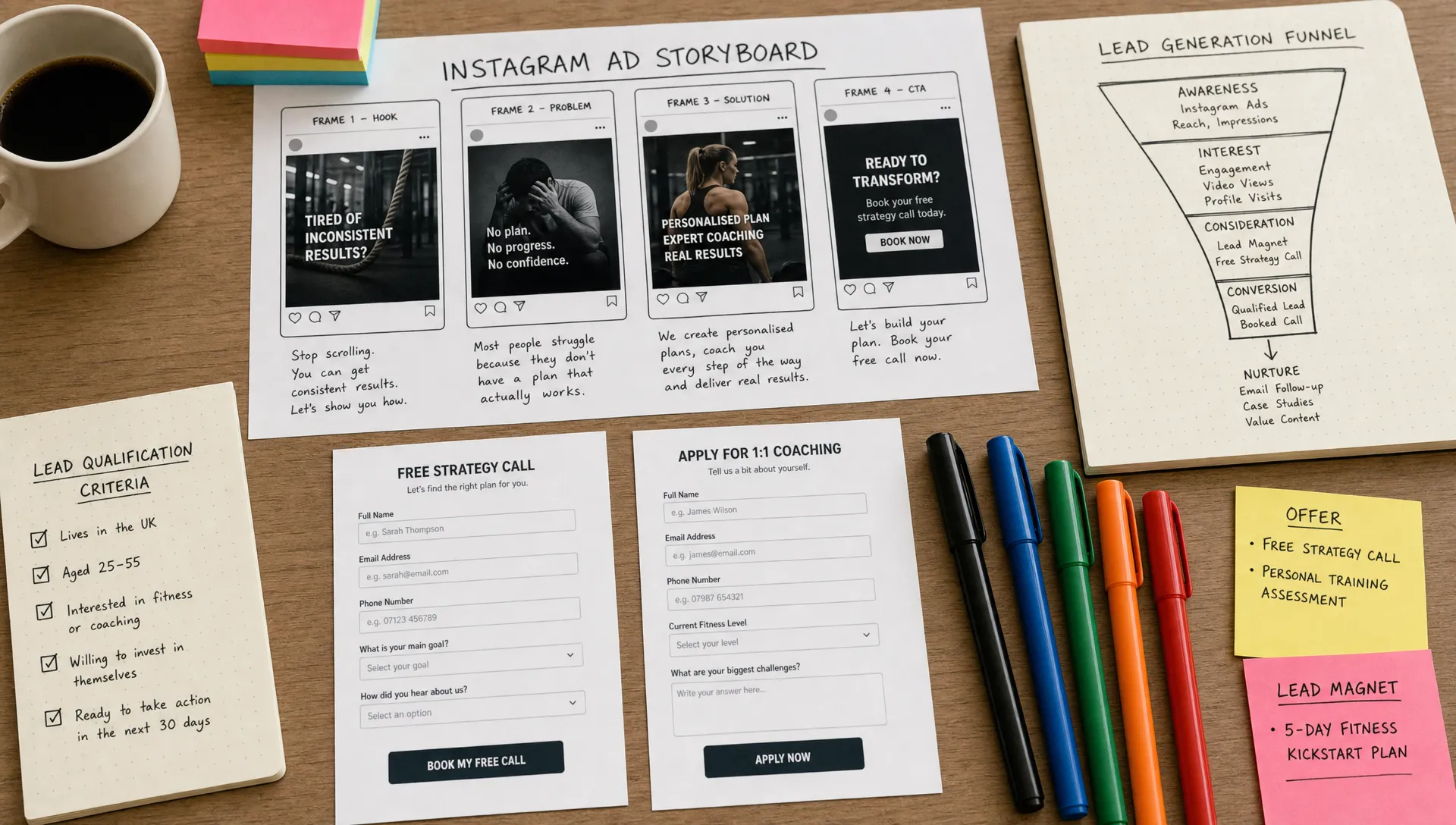 A tabletop planning scene with Instagram ad storyboard cards, lead qualification notes, sample form layouts, coloured markers and a simple funnel sketch arranged for a lead generation strategy session.